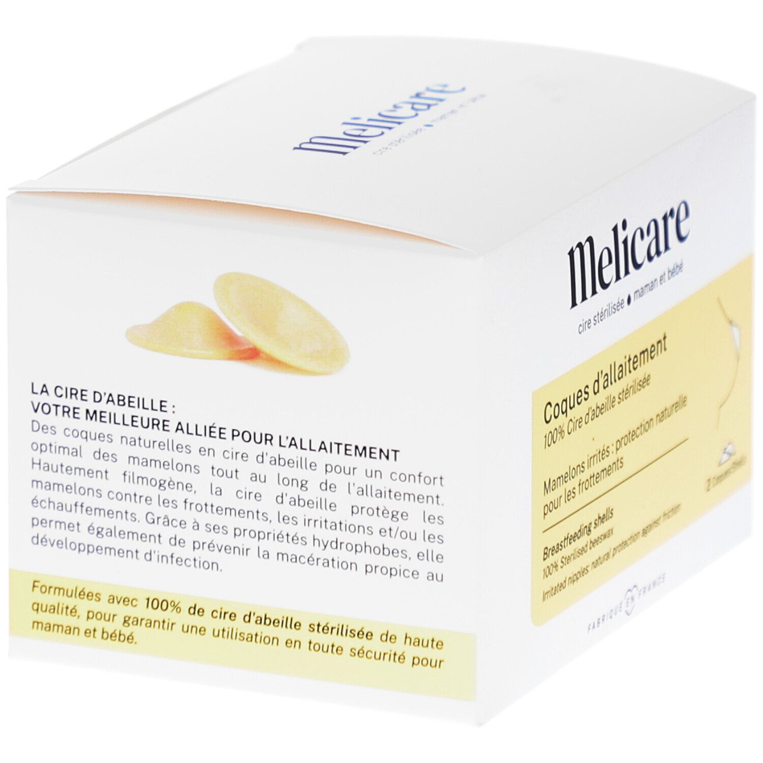Weiße Schachtel mit Produktaufdruck. Zwei gelbliche Brustschalen. Text: Melicare, Coques d'allaitement.
