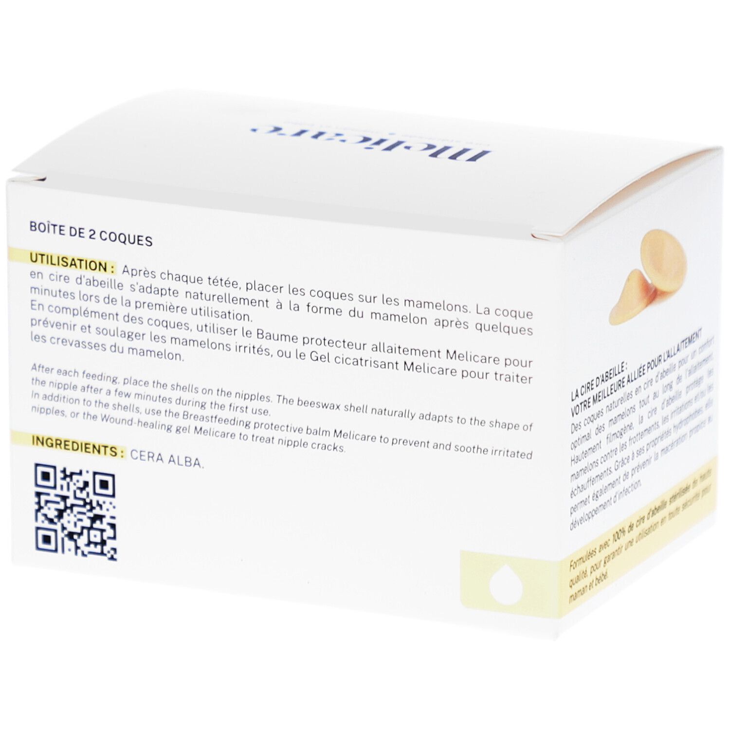 Rückseite der weißen Schachtel. Text: BOÎTE DE 2 COQUES, Inhaltsstoffe: CERA ALBA. QR-Code.