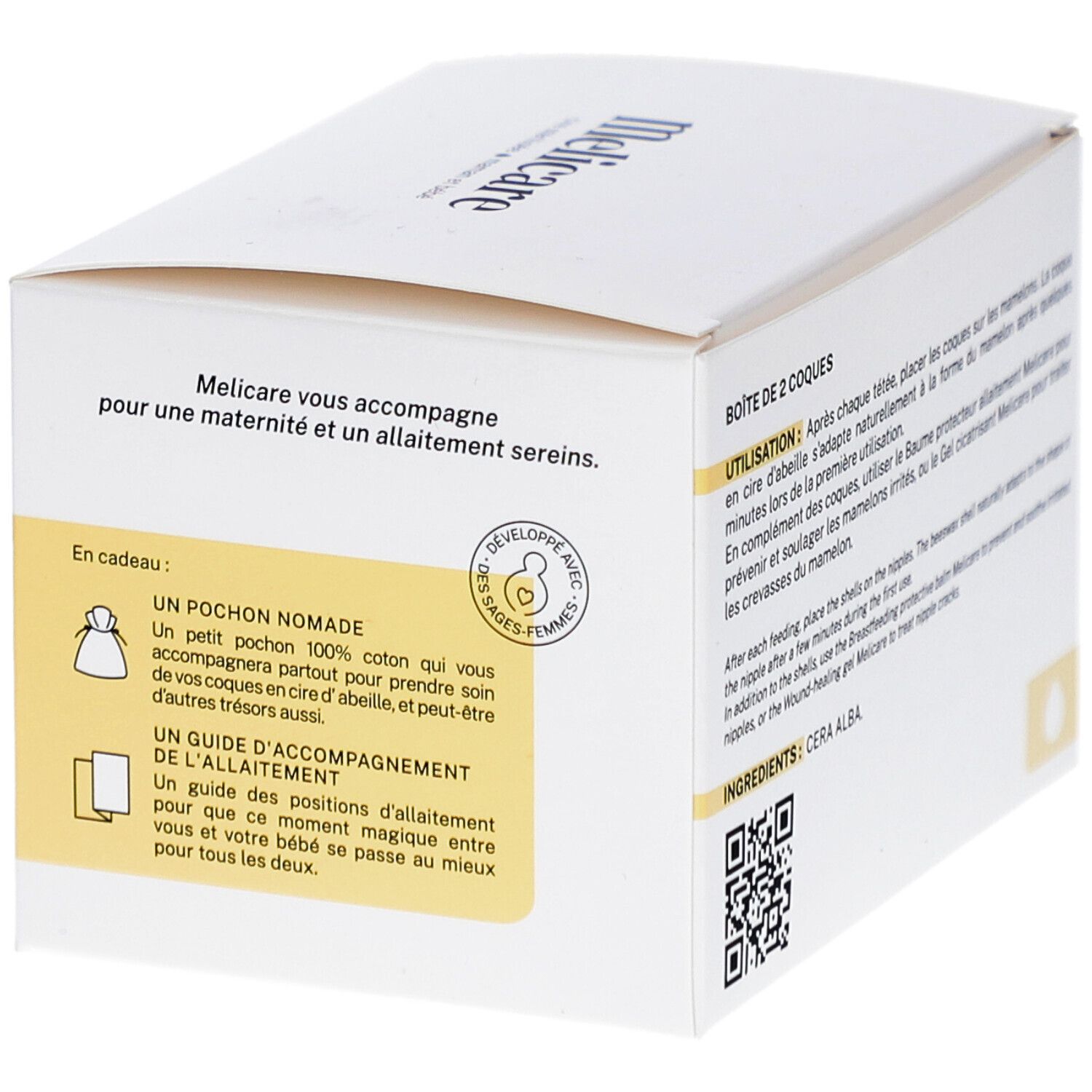 Rückseite der weißen Schachtel. Text: Melicare begleitet Sie. Geschenk: Baumwollbeutel, Stillanleitung.