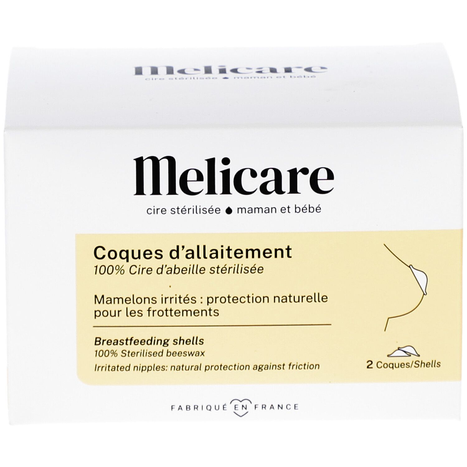 Weiße Schachtel mit Produktaufdruck. Text: Melicare, Coques d'allaitement, 2 Schalen. Illustration einer Brust.