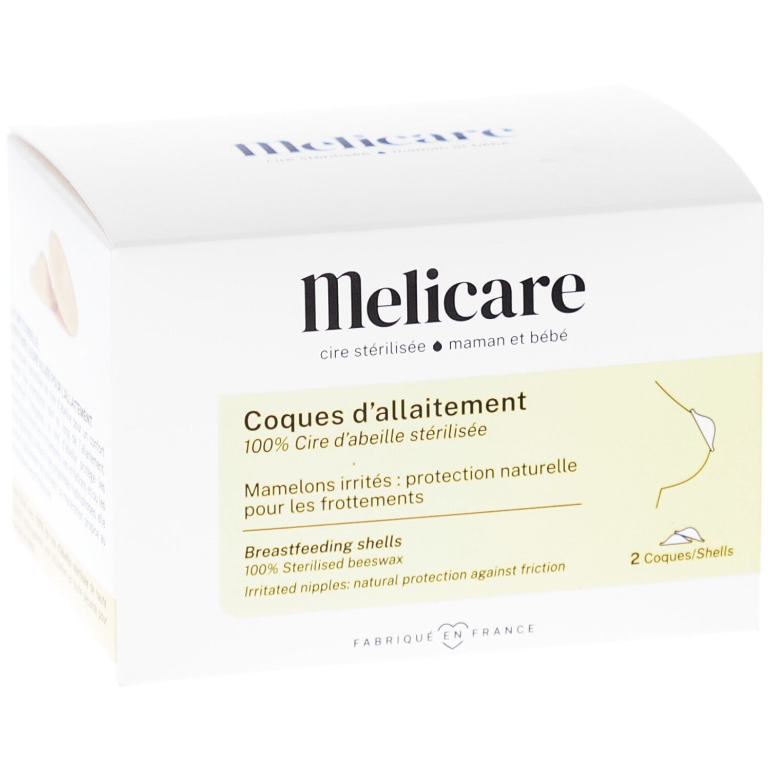 Weiße Schachtel mit Produktaufdruck. Text: Melicare, Coques d'allaitement, 2 Schalen. Illustration einer Brust.