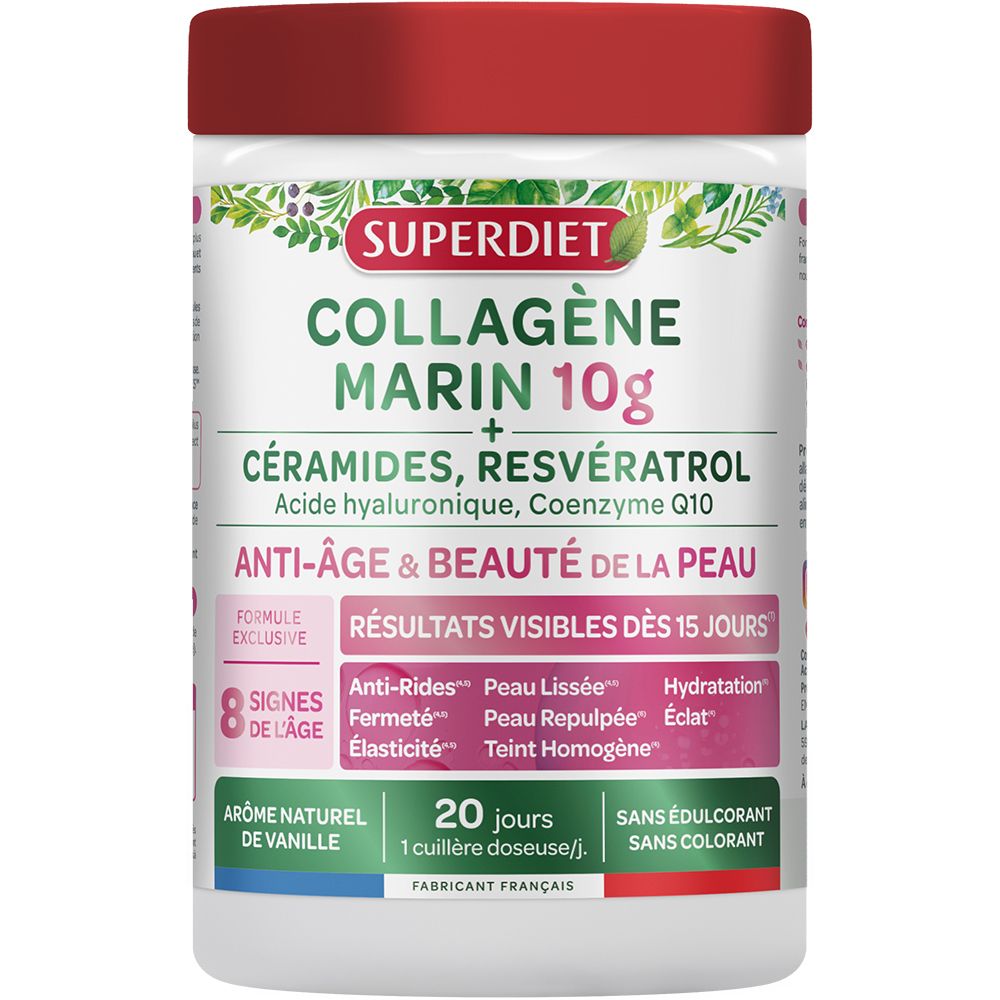 Behälter mit Superdiet Kollagen Marin 10g. Roter Deckel, weißer Behälter mit Produktinformationen. Anti-Aging & Hautschönheit.