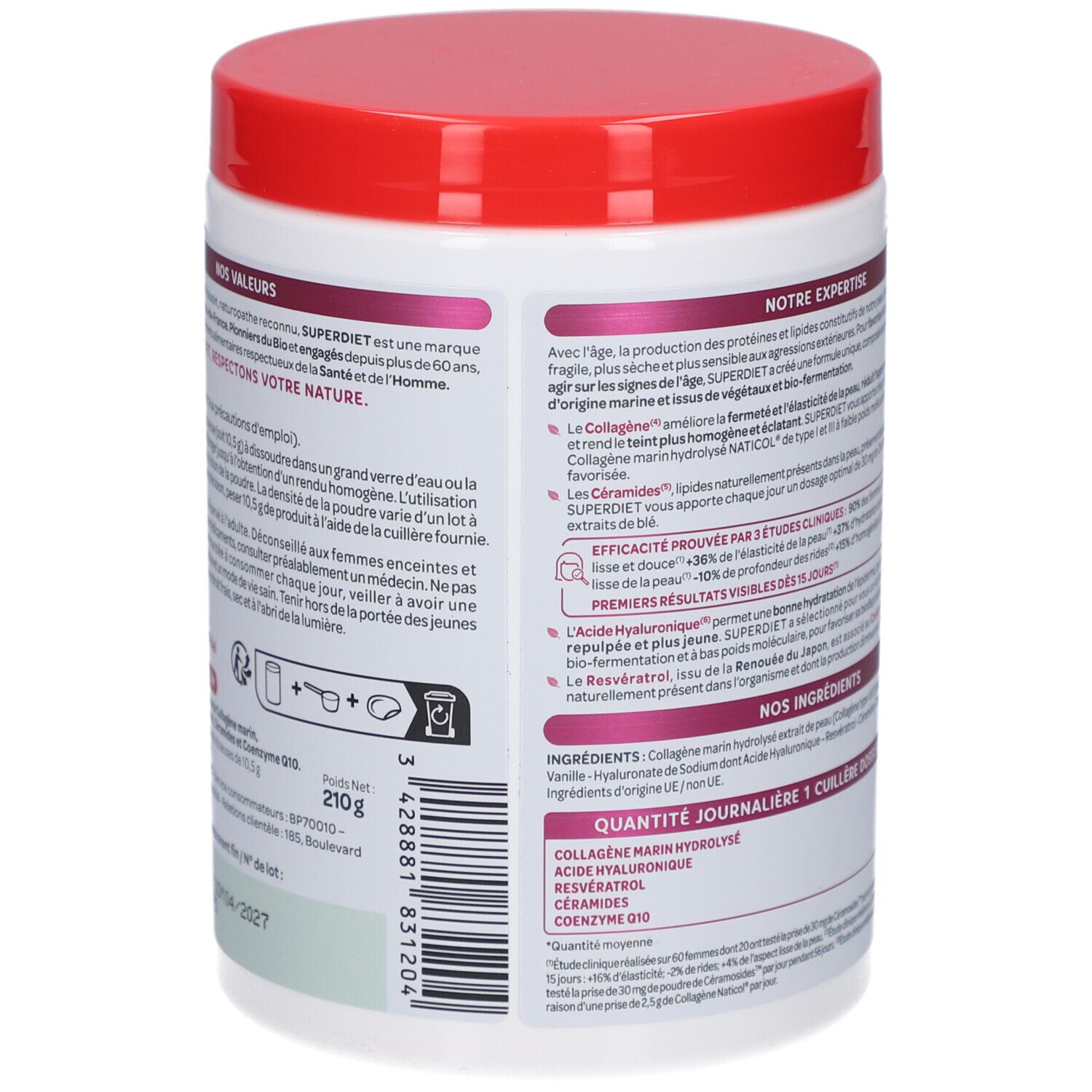 Rückseite des weißen Produkttiegels mit rotem Deckel. Textliche Informationen über Inhaltsstoffe und Anwendung.