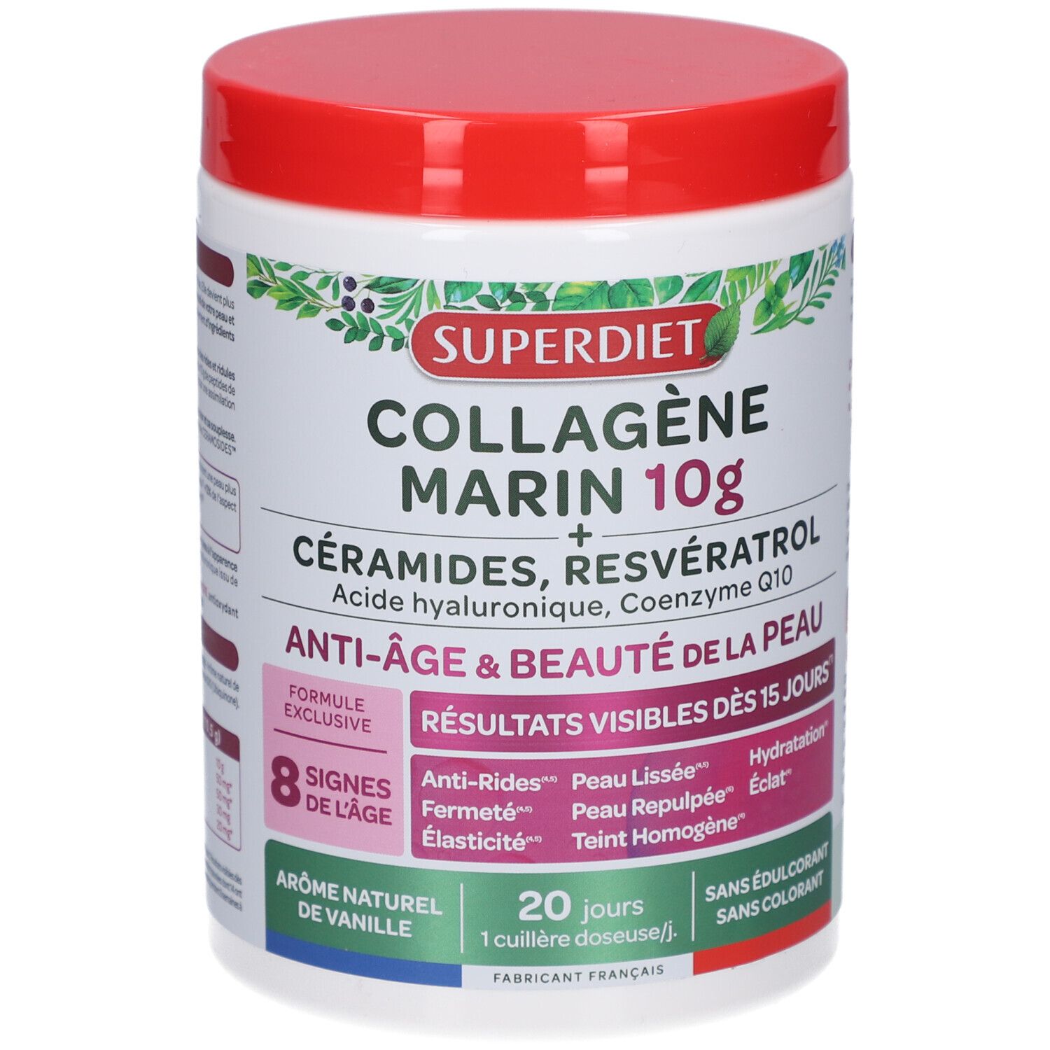 Weißes Produktglas mit rotem Deckel. Aufschrift: Superdiet Collagène Marin 10g. Anti-âge & beauté de la peau. Mit Inhaltsangaben.