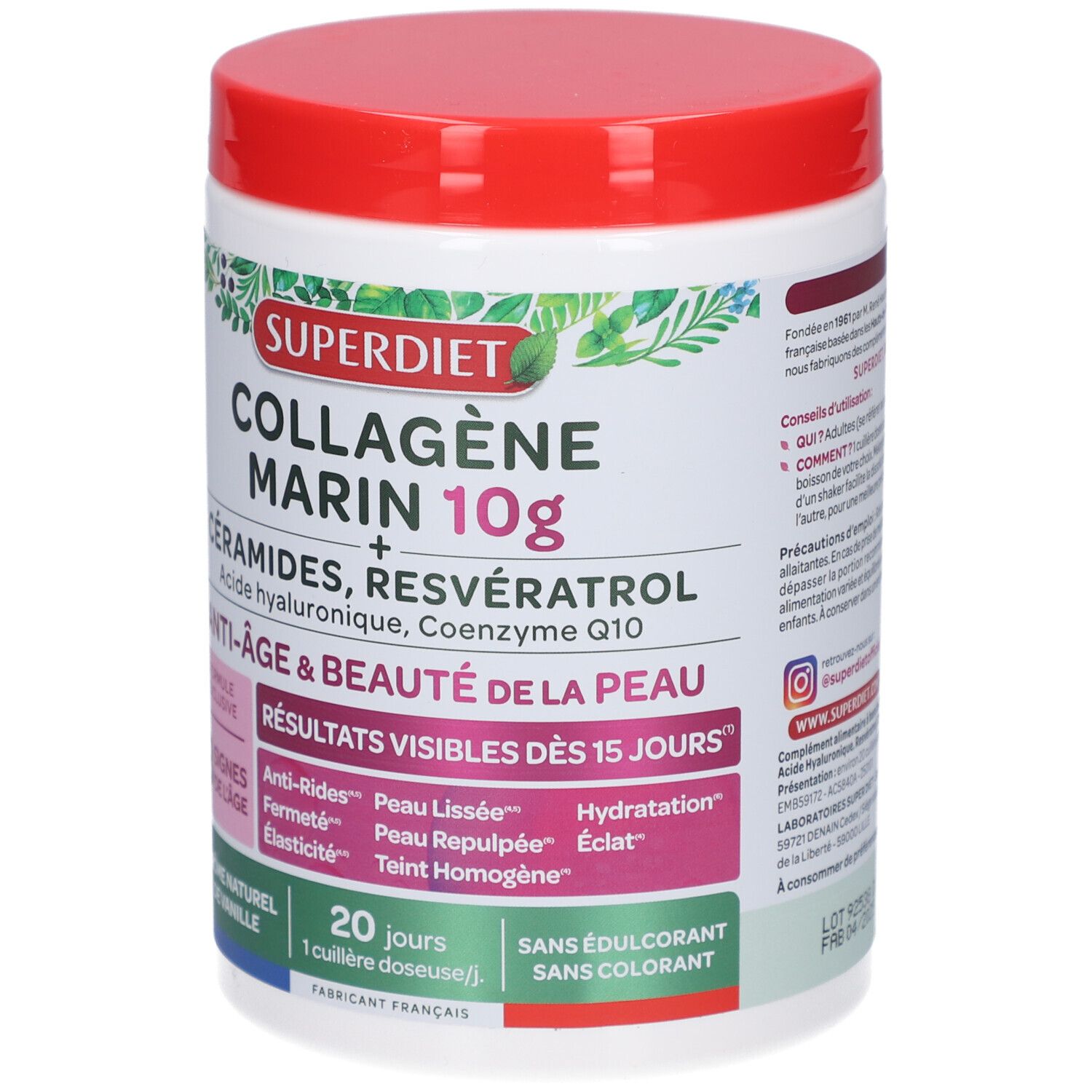 Weißes Produktglas mit rotem Deckel. Aufschrift: Superdiet Collagène Marin 10g. Anti-âge & beauté de la peau. Mit Inhaltsangaben.