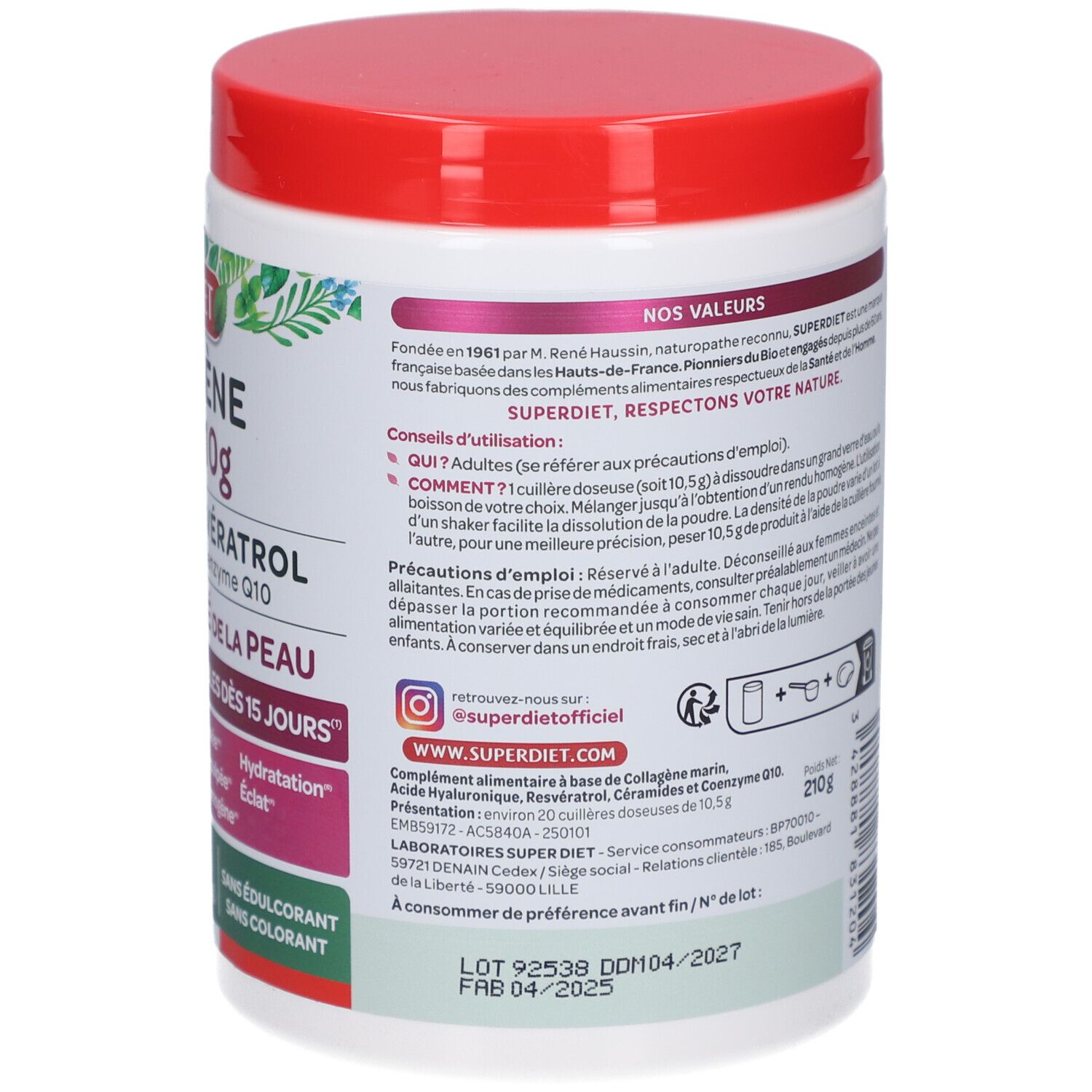 Rückseite des weißen Produkttiegels mit rotem Deckel. Textliche Informationen über Inhaltsstoffe und Anwendung.