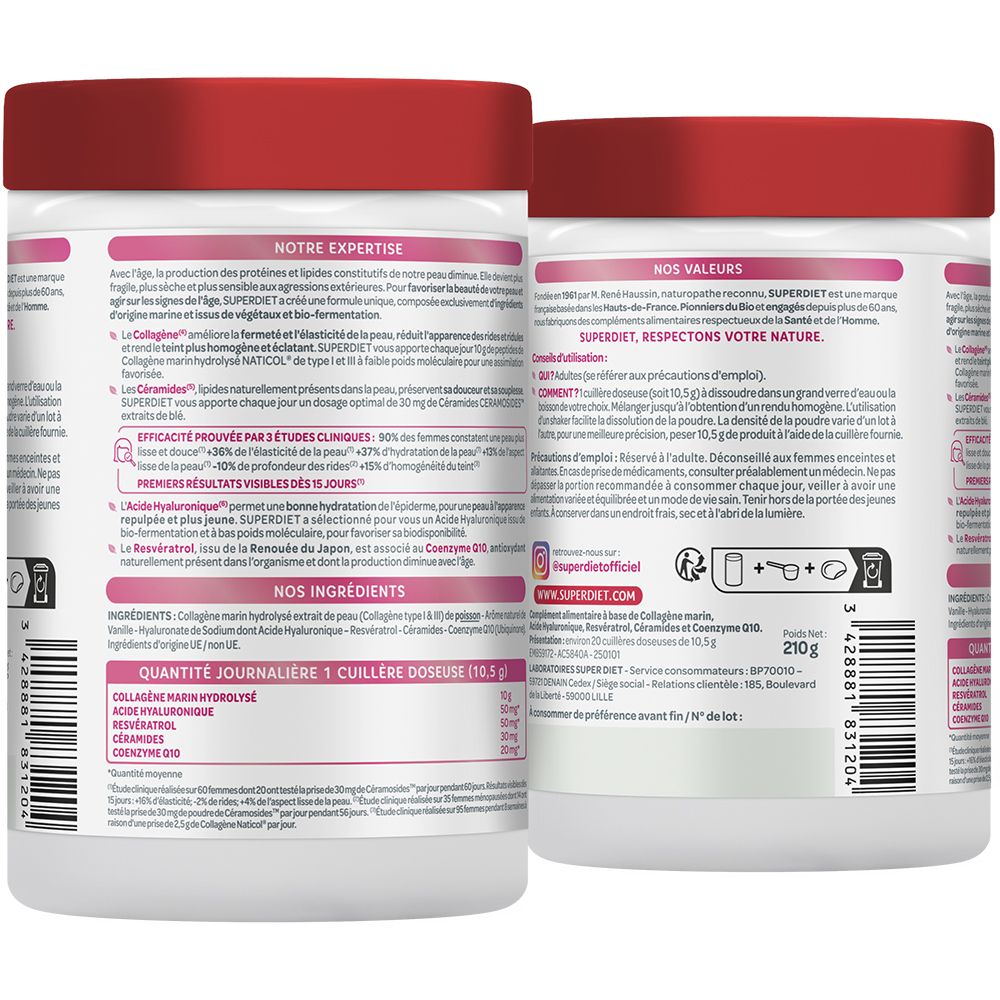 Zwei Produktbehälter mit Informationen auf der Rückseite. Text über Inhaltsstoffe, tägliche Dosis und Nährwertangaben.