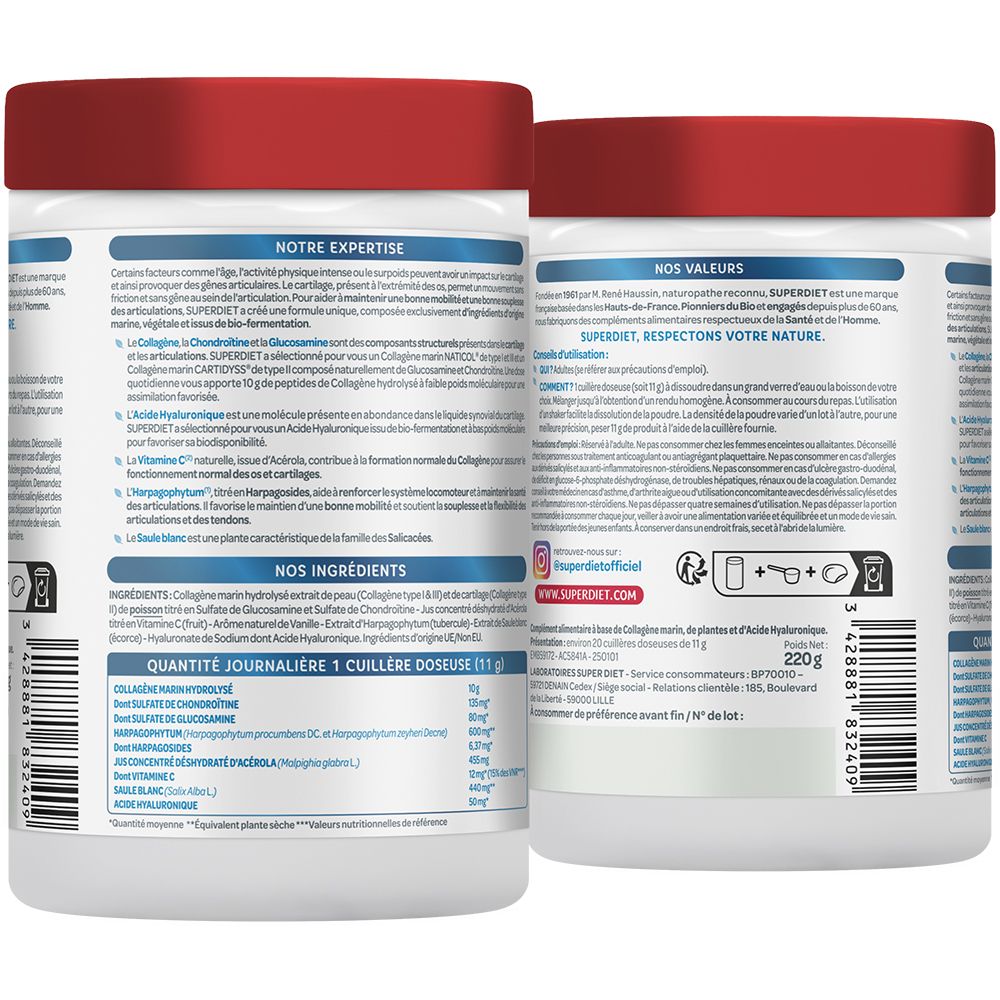 Rückseite des weißen Produktglases. Text über Inhaltsstoffe und Nährwertangaben. Enthält Kollagen, Glucosamin und Chondroitin.