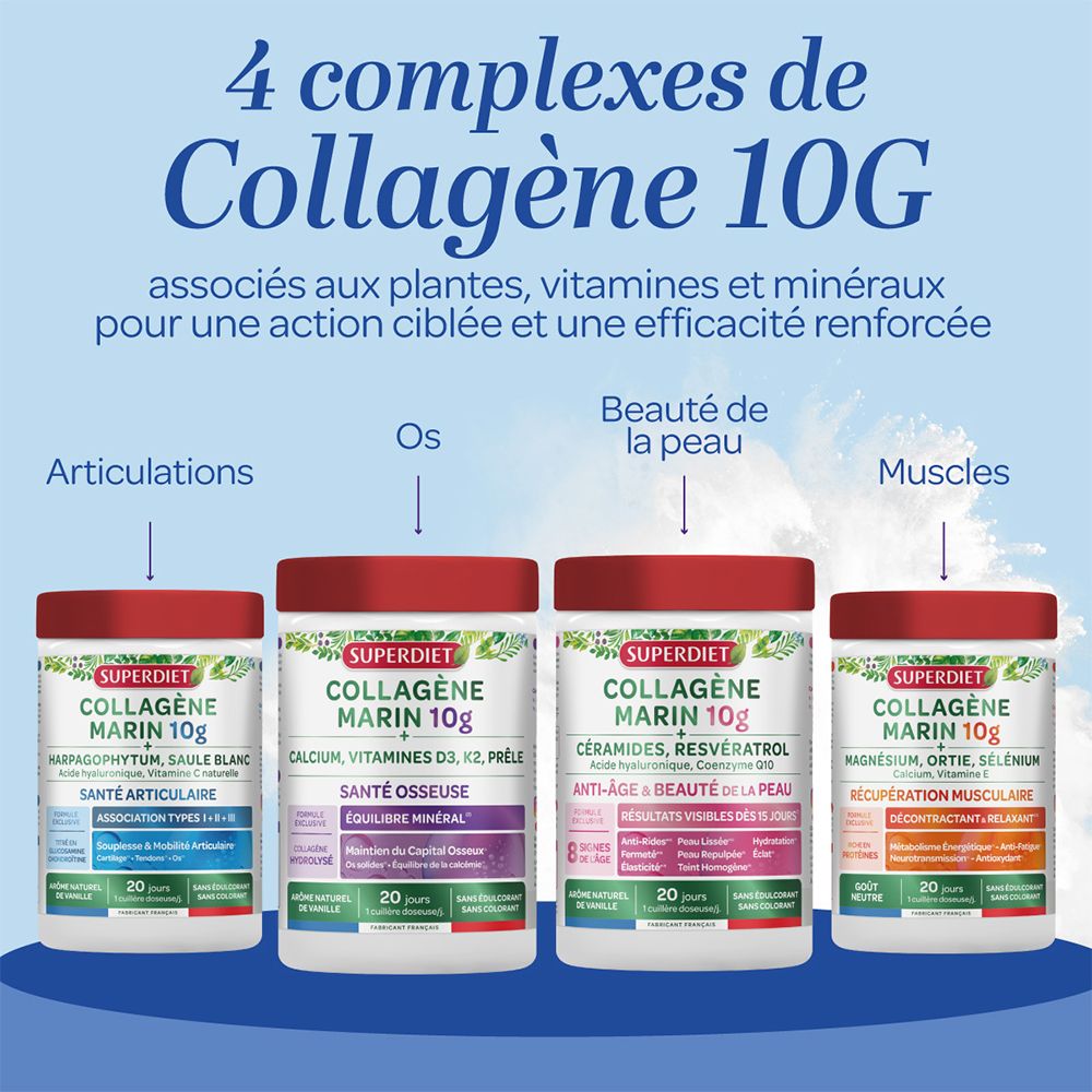 Vier Produktgläser mit rotem Deckel. Aufschrift: Kollagen Marin 10g. Für Gelenke, Knochen, Haut und Muskeln.