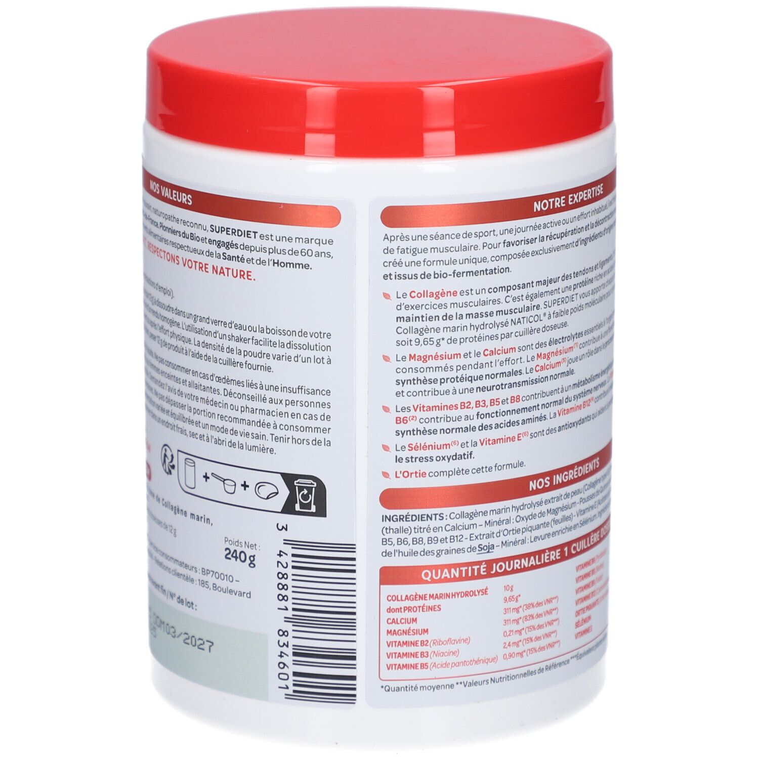 Weißes Produktglas mit rotem Deckel. Rückseite mit Text. Informationen zu Inhaltsstoffen, Anwendung und Nährwerten.