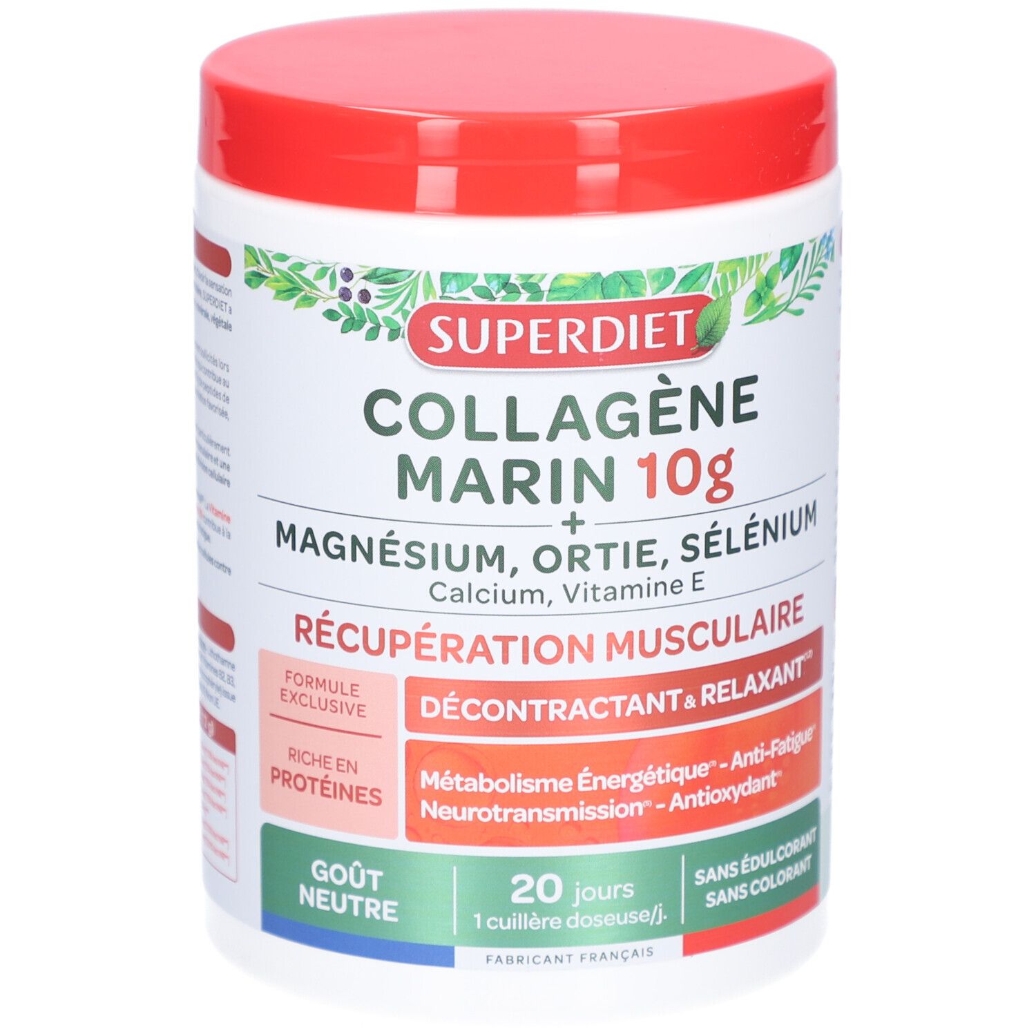Weißes Produktglas mit rotem Deckel. Aufschrift: Superdiet Collagène Marin 10g. Zusätze: Magnesium, Ortiga, Selenio. Muskelregeneration.