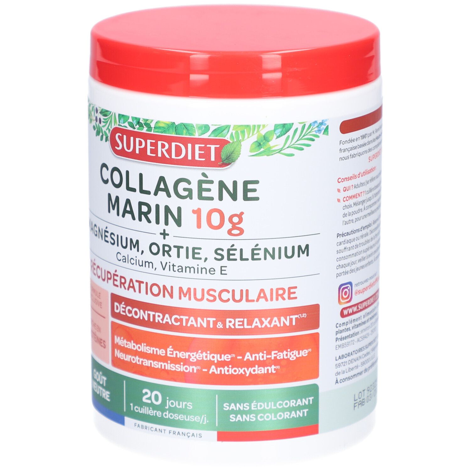 Weißes Produktglas mit rotem Deckel. Aufschrift: Superdiet Collagène Marin 10g. Zusätze: Magnesium, Ortiga, Selenio. Muskelregeneration.