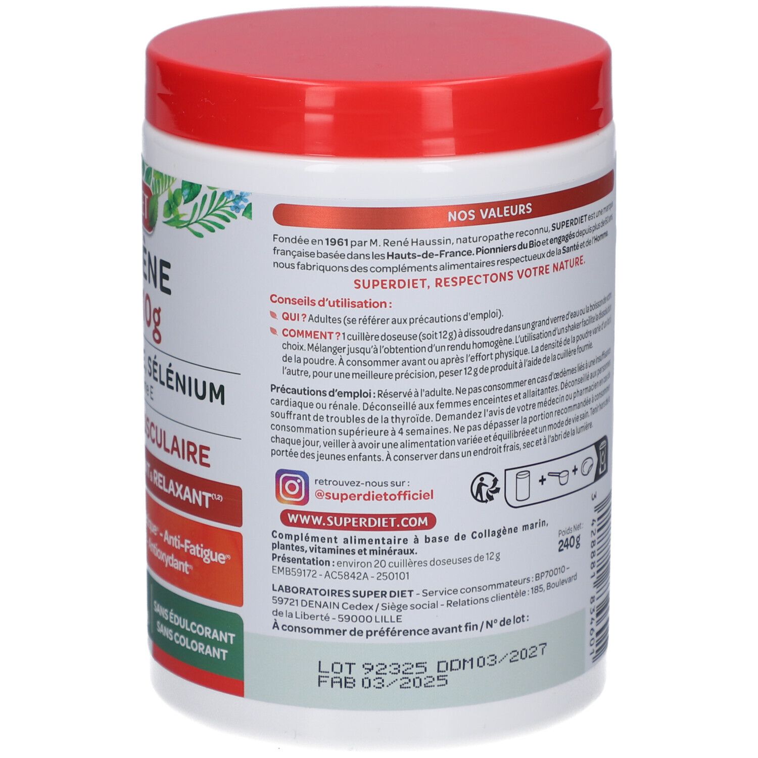 Weißes Produktglas mit rotem Deckel. Rückseite mit Text. Informationen zu Inhaltsstoffen, Anwendung und Nährwerten.