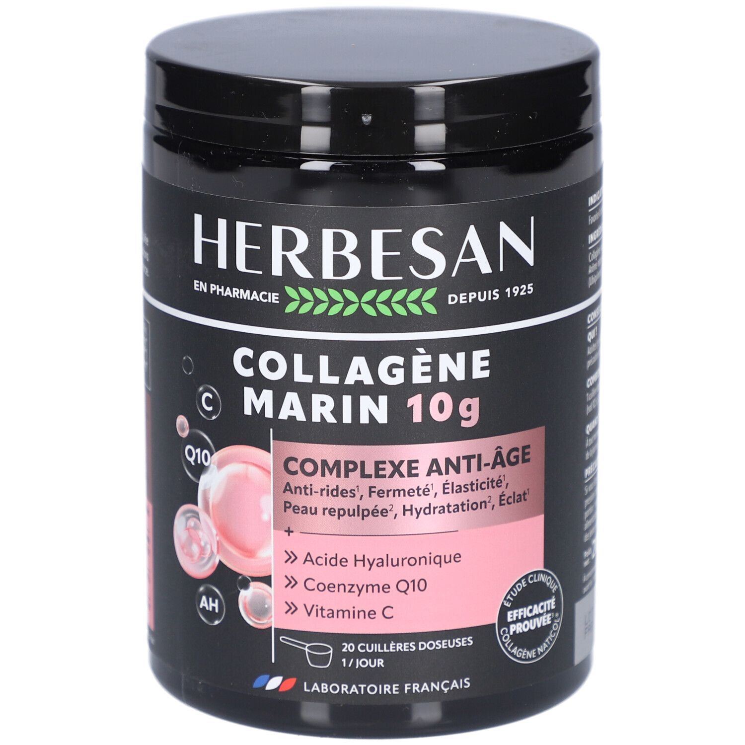 Pot noir Herbesan Collagène Marin. Texte: Complexe anti-âge, 10g. Contient acide hyaluronique, coenzyme Q10, vitamine C.