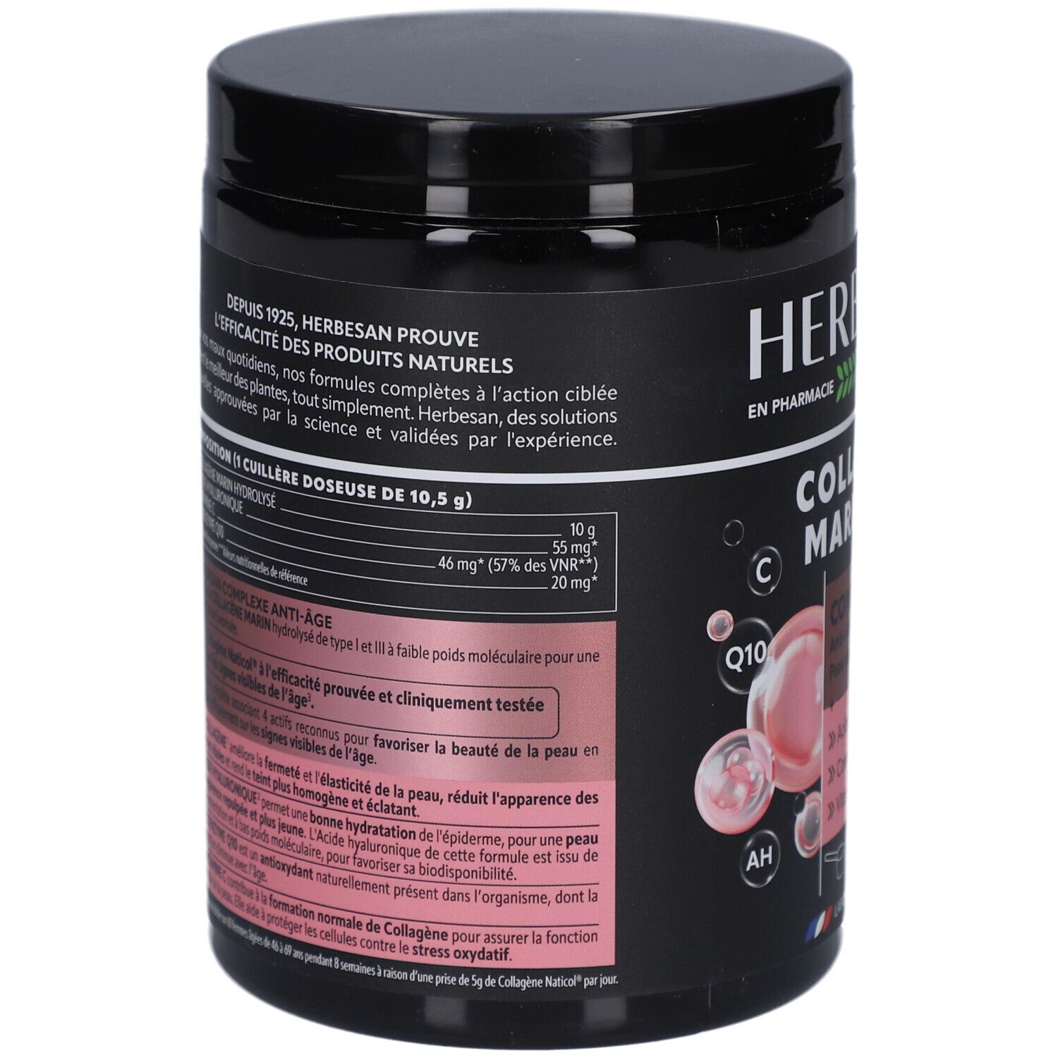 Dos du pot noir Herbesan Collagène Marin. Texte: Composition, 10,5g par portion. Détails des ingrédients et dosage.