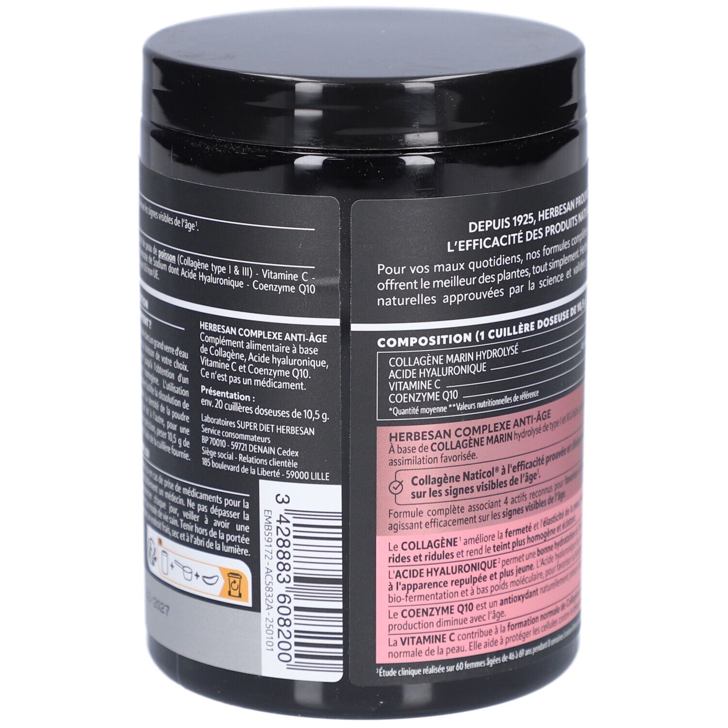 Dos du pot noir Herbesan Collagène Marin. Texte: Composition, 10,5g par portion. Détails des ingrédients et dosage.