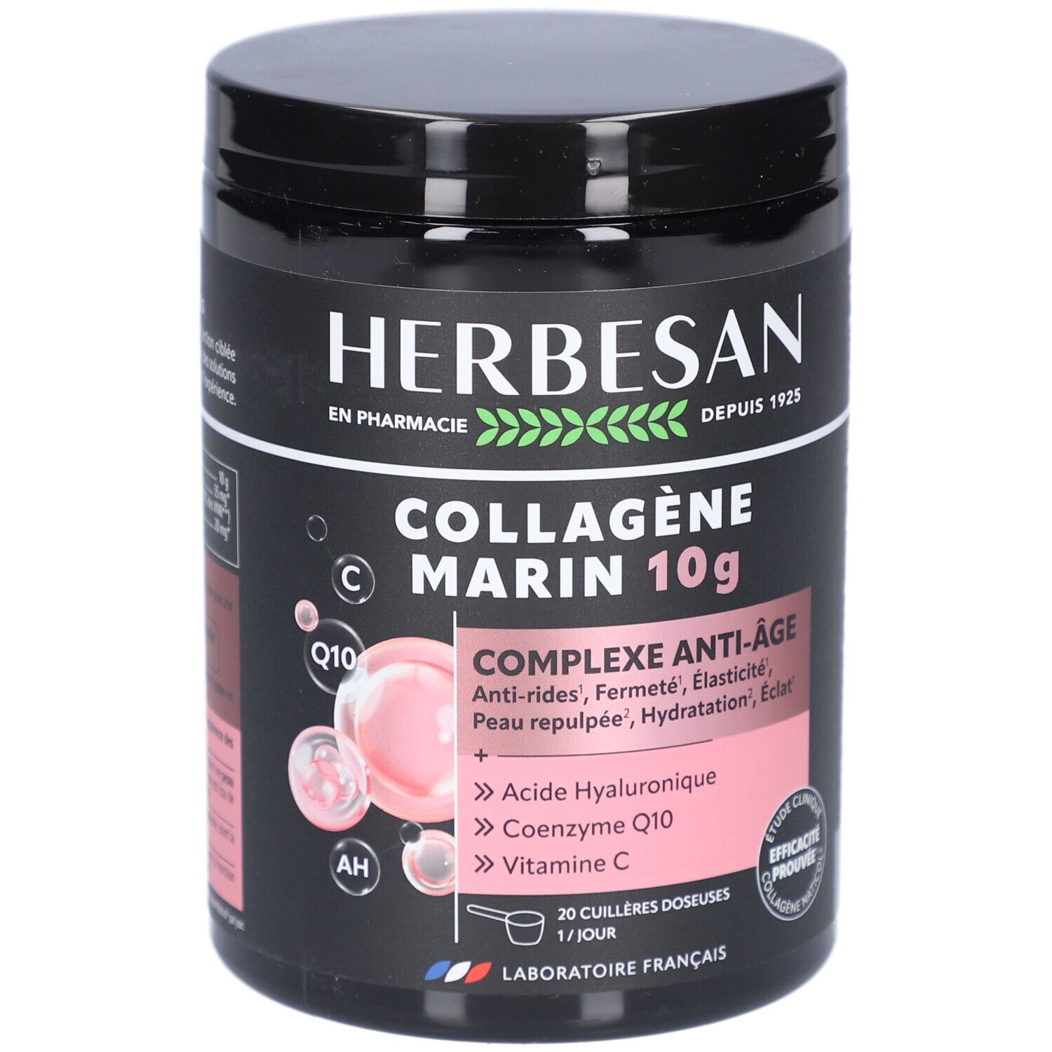Pot noir Herbesan Collagène Marin. Texte: Complexe anti-âge, 10g. Contient acide hyaluronique, coenzyme Q10, vitamine C. 20 portions.