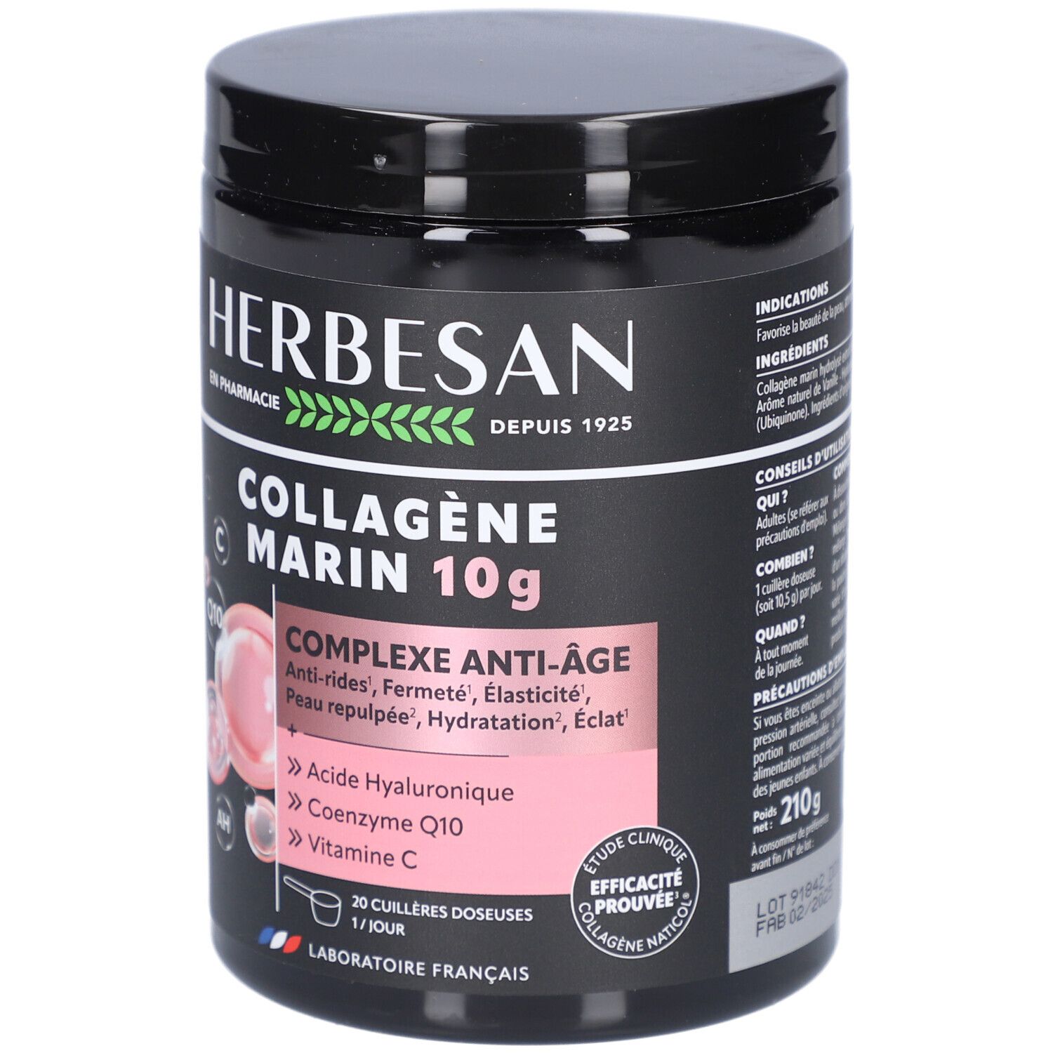 Pot noir Herbesan Collagène Marin. Texte: Complexe anti-âge, 10g. Contient acide hyaluronique, coenzyme Q10, vitamine C. 210g.