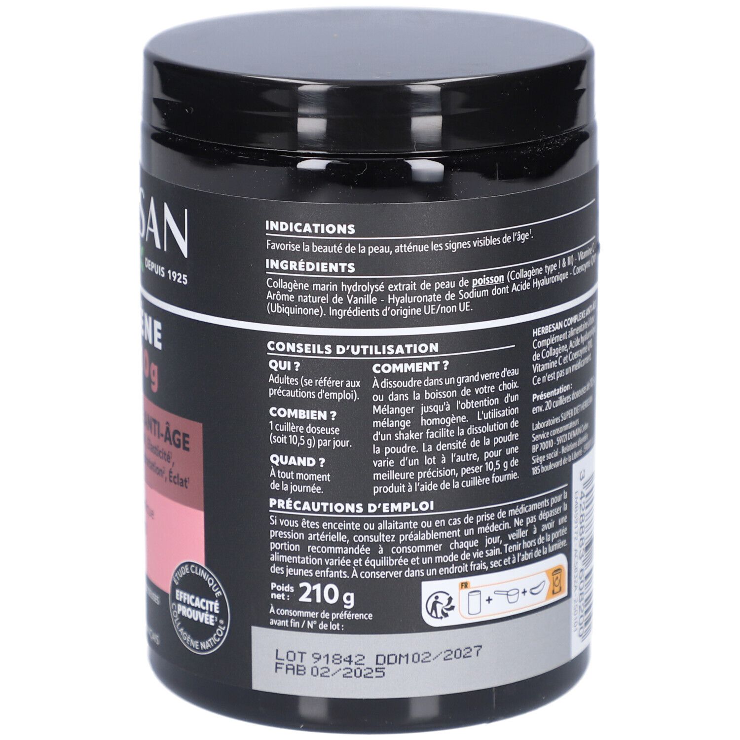 Dos du pot noir Herbesan Collagène Marin. Texte: Conseils d'utilisation, ingrédients, précautions. 210g. A consommer de préférence avant 02/2025.