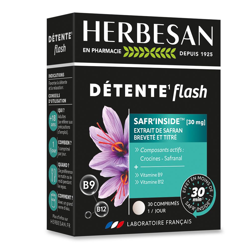 Schachtel Herbesan Détente Flash. Schwarze Verpackung mit Produktnamen, Safran-Blüte, B9, B12. 30 Tabletten.