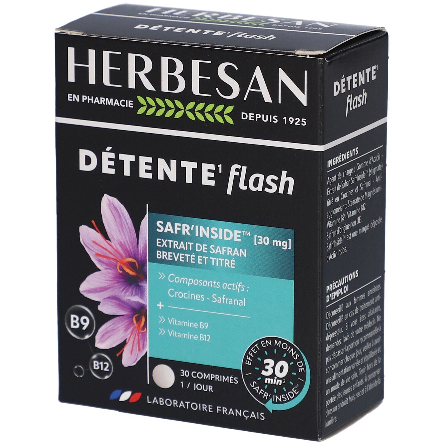 Schachtel Herbesan Détente Flash. Enthält Safran und Vitamine B9 und B12. Schwarze Verpackung mit Produktnamen und Logo.