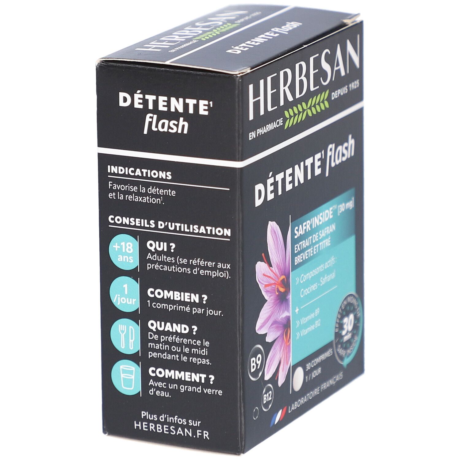 Herbesan Détente Flash-Schachtel, Seitenansicht. Enthält Informationen zur Anwendung und Inhaltsstoffe. Schwarze Verpackung.