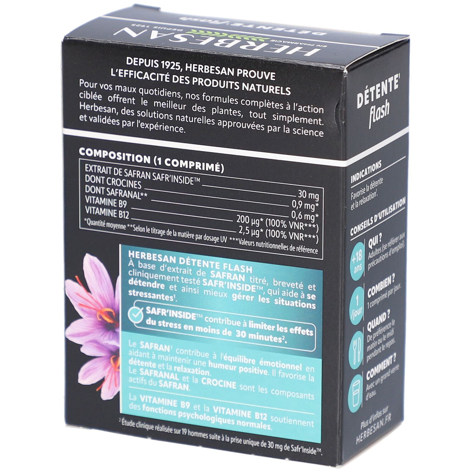 Rückseite der Herbesan Détente Flash-Schachtel. Enthält Informationen zu Inhaltsstoffen und Wirkungsweise. Schwarze Verpackung.