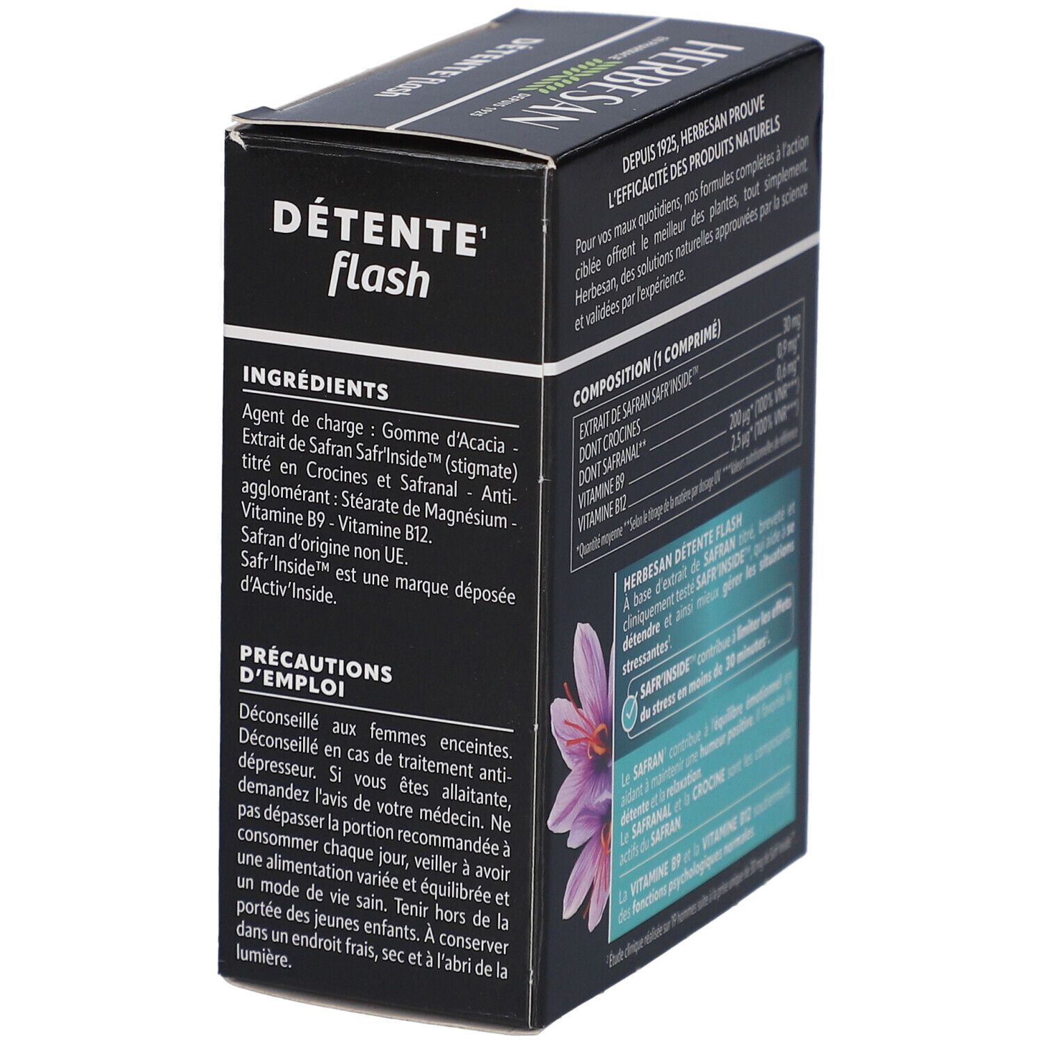 Herbesan Détente Flash-Schachtel, Seitenansicht. Enthält Informationen zu Inhaltsstoffen und Vorsichtsmaßnahmen. Schwarze Verpackung.