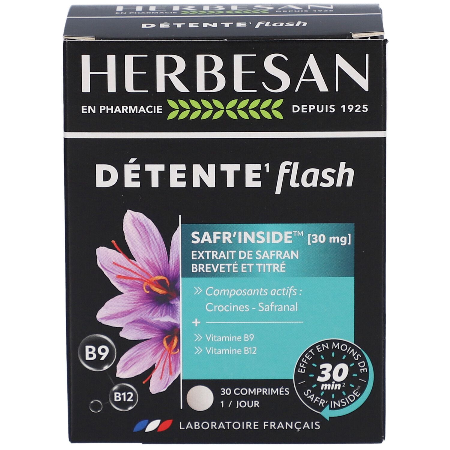 Herbesan Détente Flash-Schachtel. Schwarze Verpackung mit Produktnamen, Safran-Extrakt und Vitaminen B9 und B12.