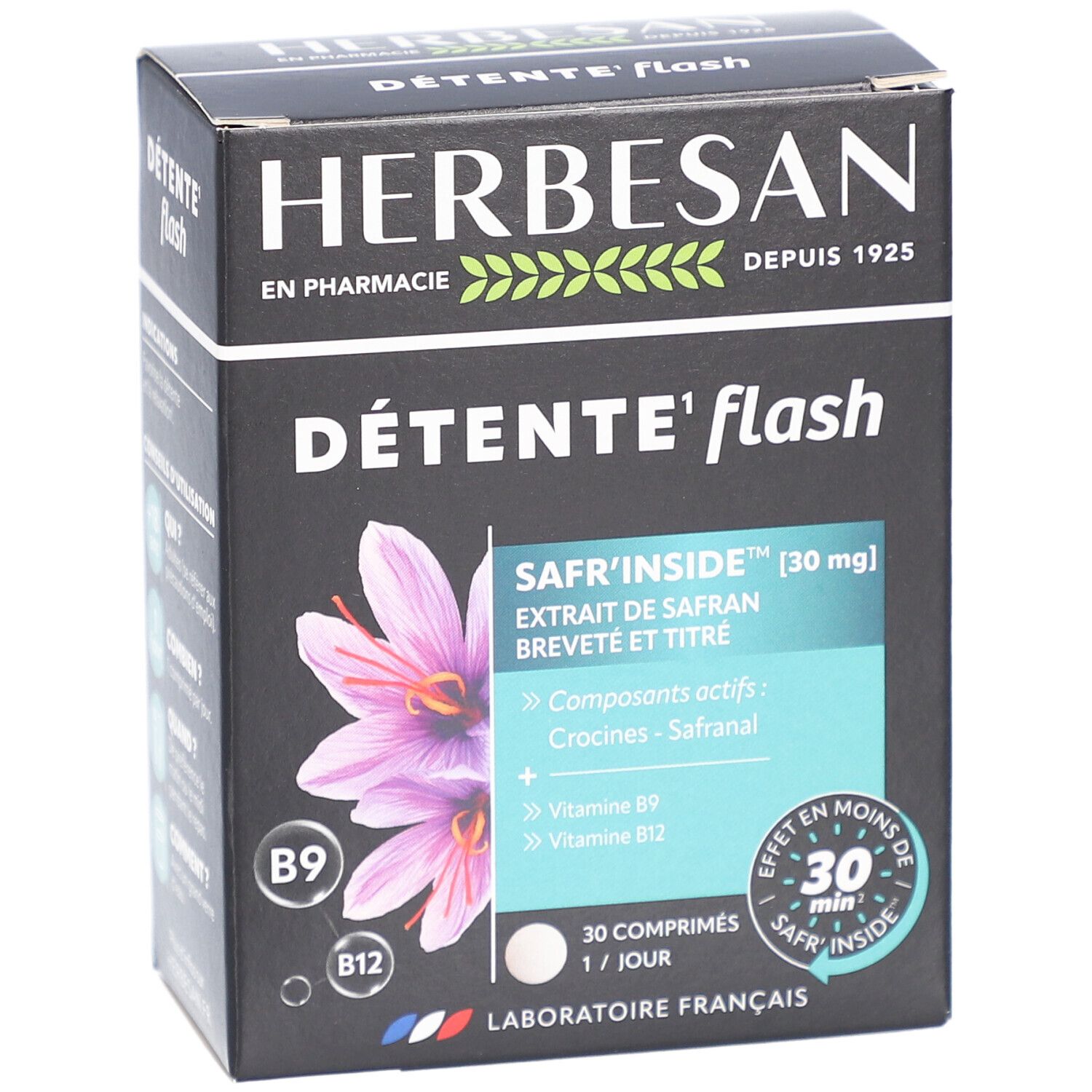 Herbesan Détente Flash-Schachtel. Schwarze Verpackung mit Produktnamen, Safran-Extrakt und Vitaminen B9 und B12.