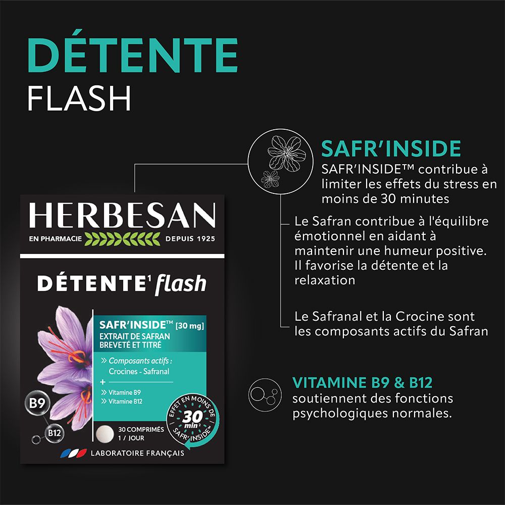 Détente Flash-Produktinformationen. Text über Safran, B9, B12. 30 Tabletten. Schwarzer Hintergrund.