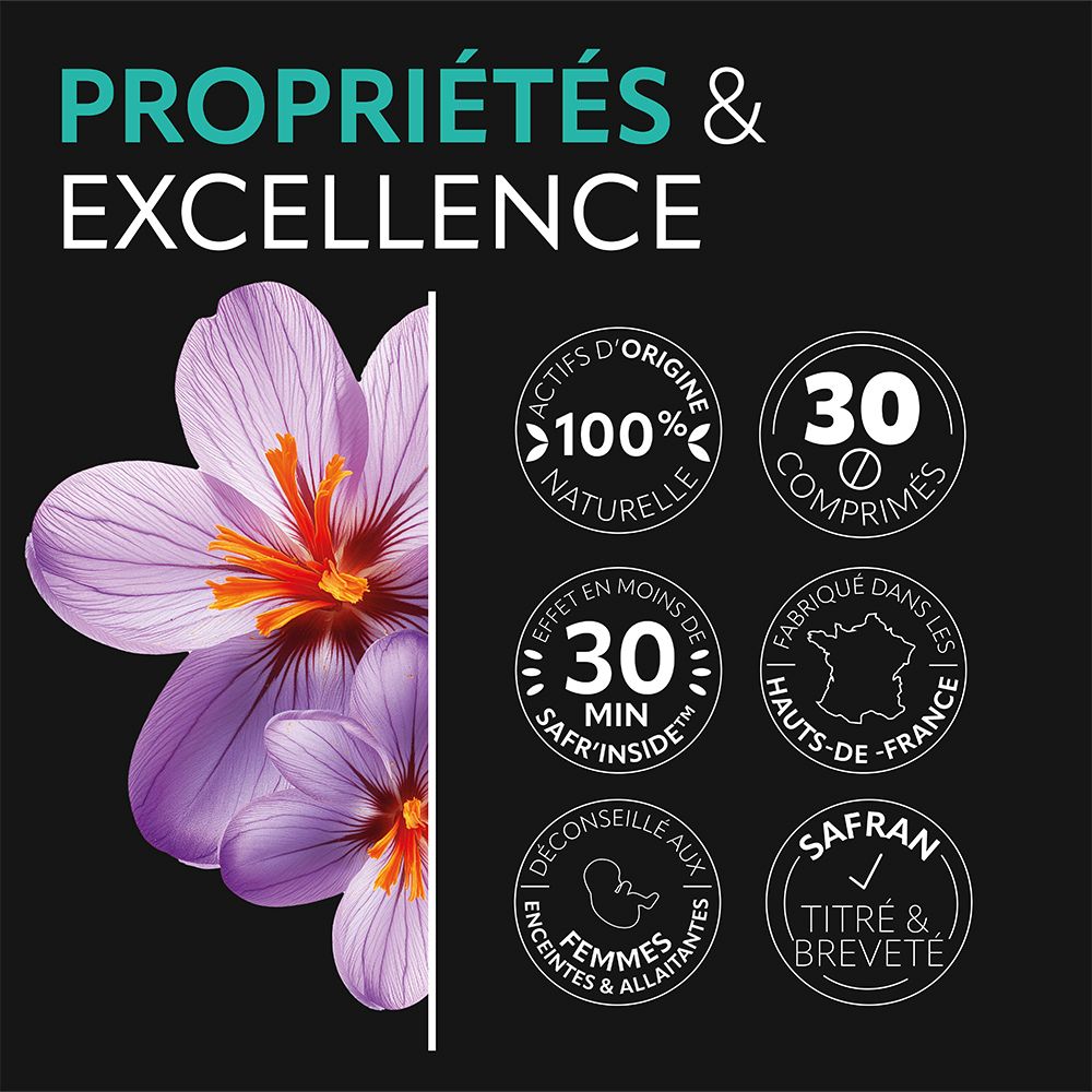 Détente Flash-Verpackung mit Logos. 100% natürlich, 30 Tabletten, in Frankreich hergestellt, Safran-Zertifizierung.