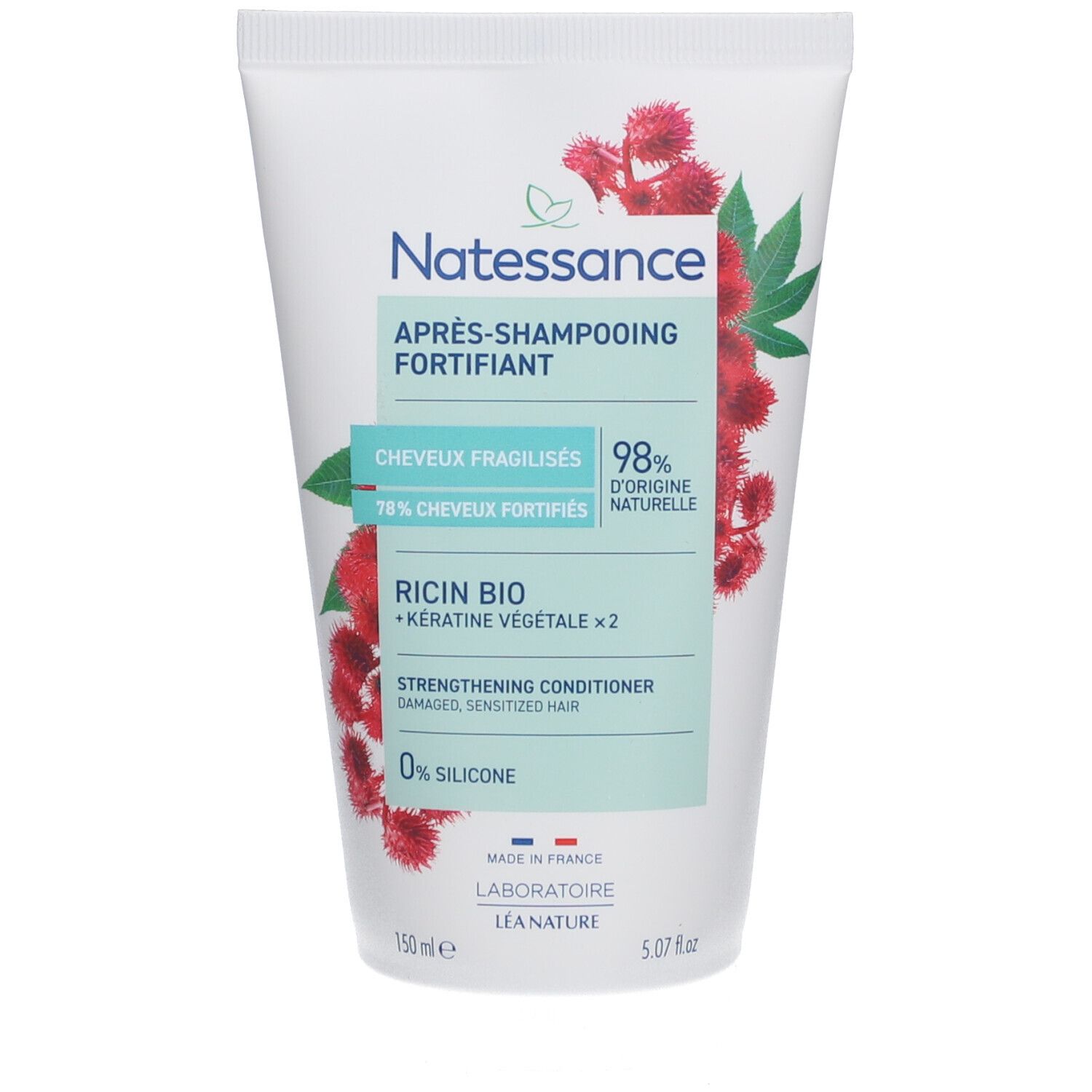 Weiße Tube mit roter Blüten-Illustration. Text: NATESSANCE, Après-shampooing fortifiant, Ricin Bio, Keratine végétale x2.