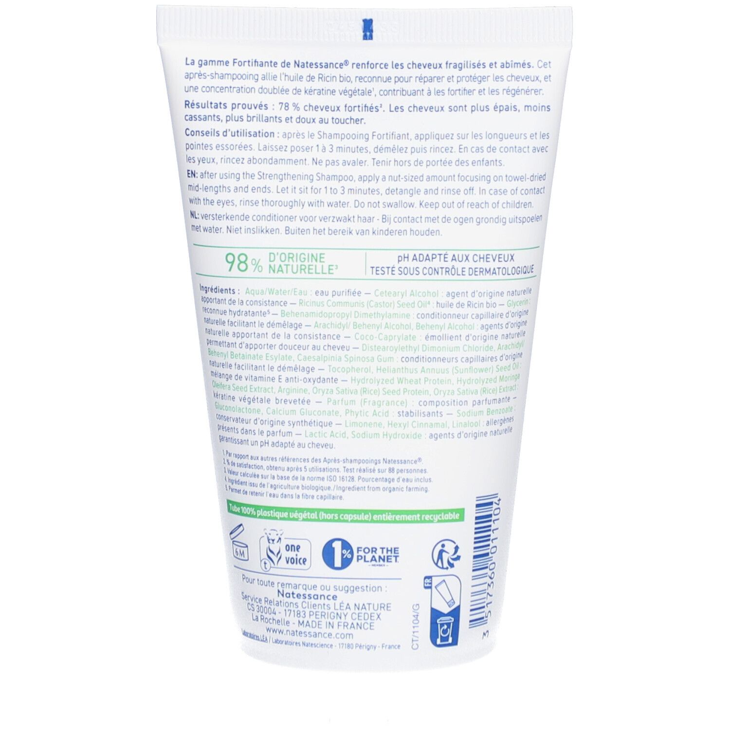 Rückseite einer weißen Tube. Text: Inhaltsstoffe, 98% natürliche Inhaltsstoffe, pH-Wert dermatologisch getestet. Recycling-Logo.