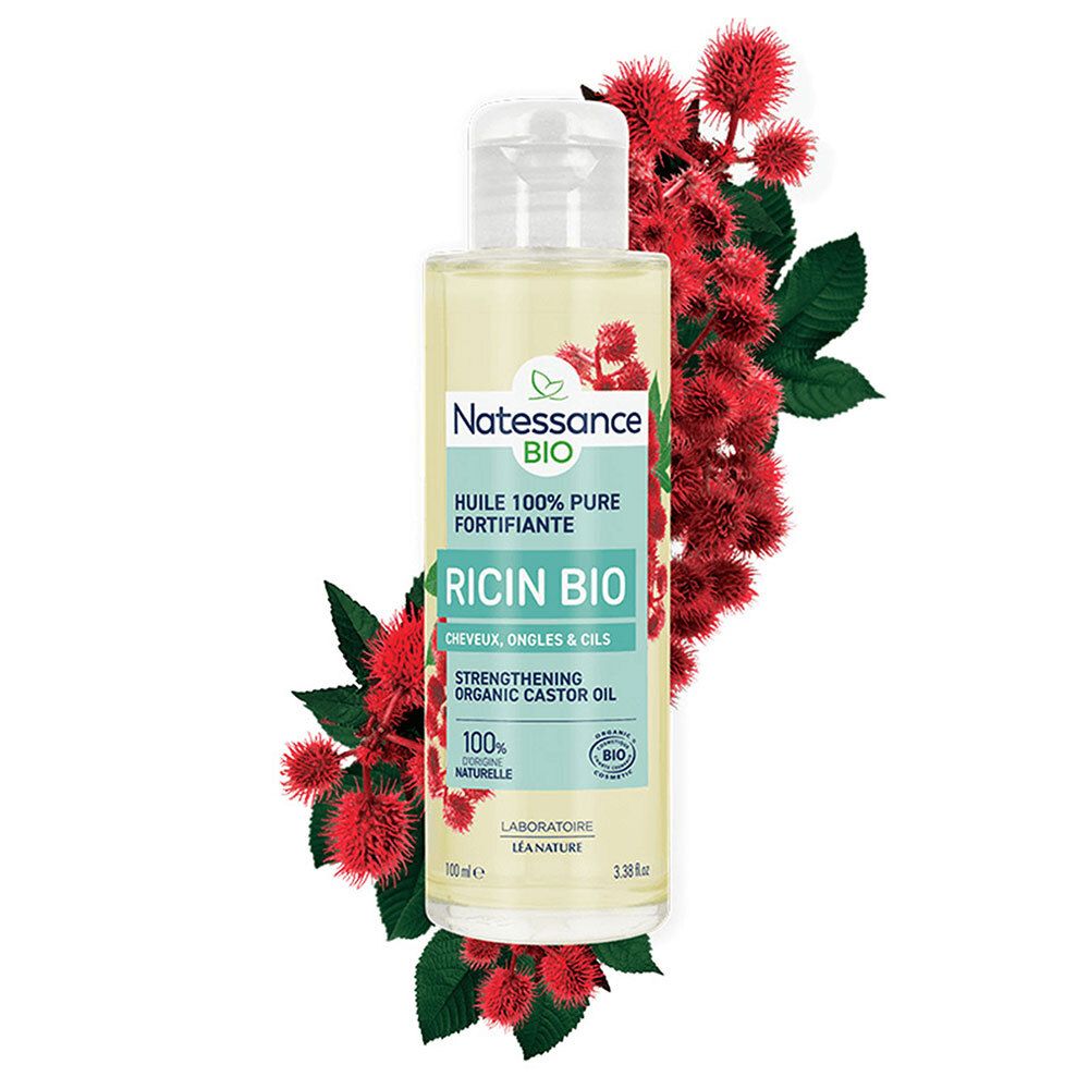 SO BIO ETIC Natessance Ricin bio. Ölflasche mit roter Blüte. Aufschrift: Huile 100% pure fortifiante, Ricin Bio.