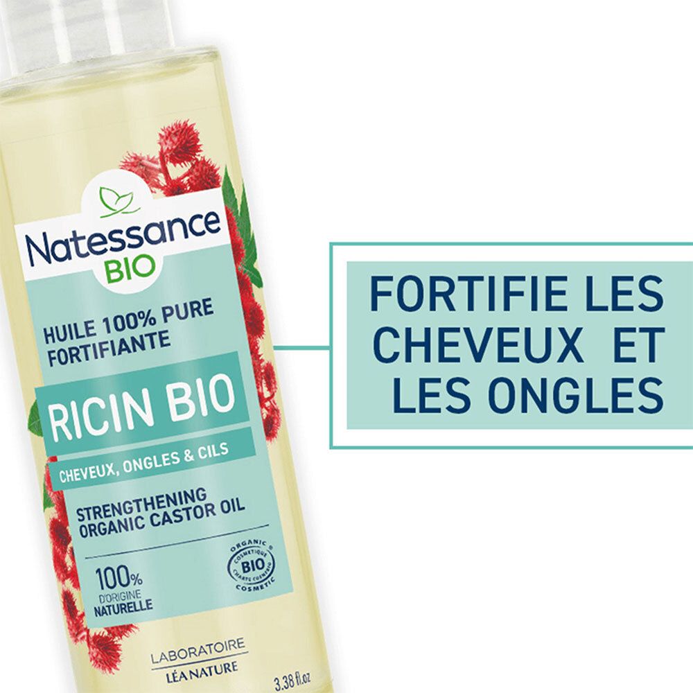 SO BIO ETIC Natessance Ricin bio. Text: Fortifie les cheveux et les ongles. Aufschrift: Ricin Bio, Cheveux, ongles & cils.