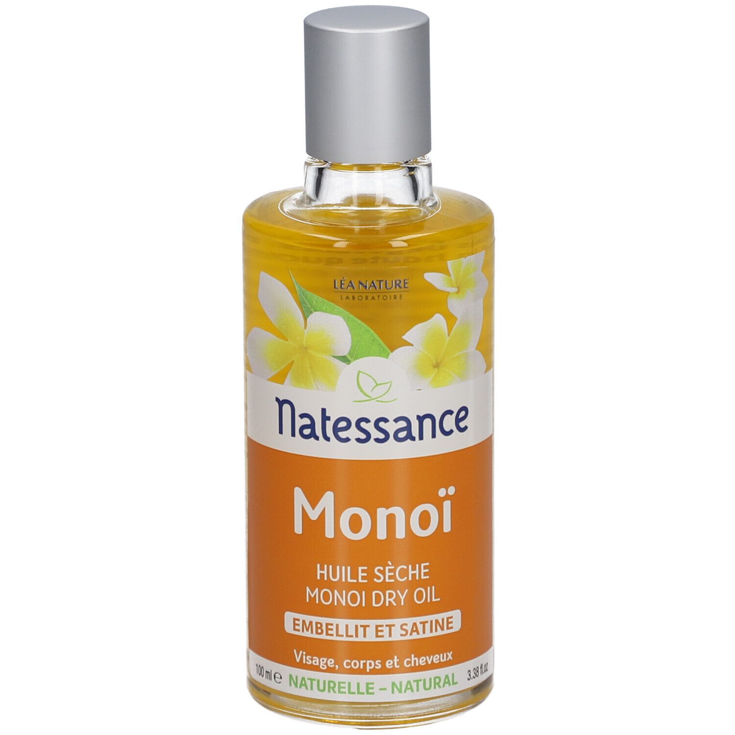 Flasche mit gelbem Öl. Aufschrift: Natessance Monoï, Huile sèche. Mit Blüten-Dekor.