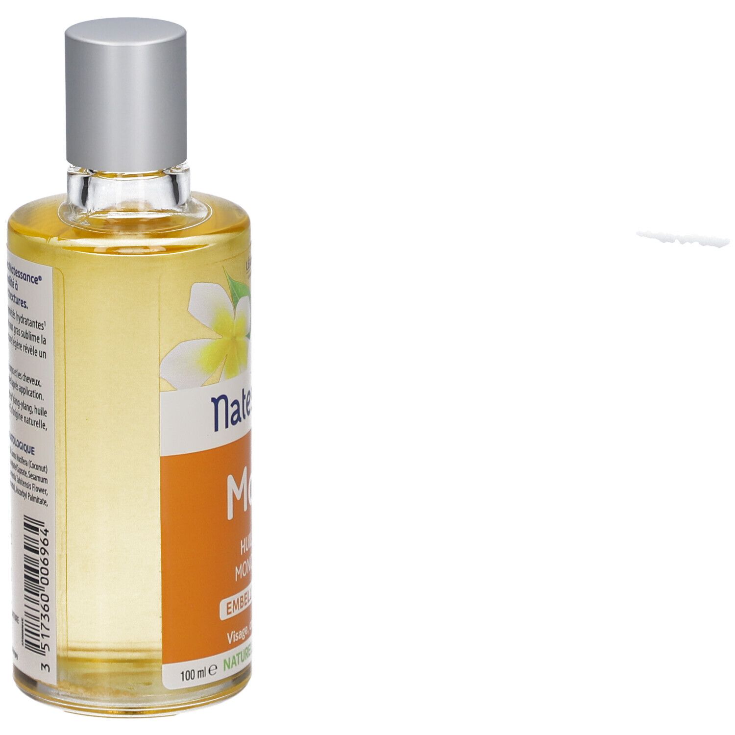 Flasche mit gelbem Öl. Aufschrift: Natessance Monoï, Huile sèche. Mit Blüten-Dekor.