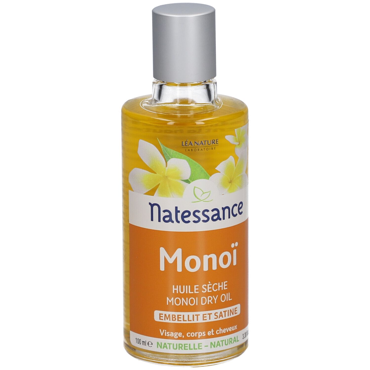 Flasche mit gelbem Öl. Aufschrift: Natessance Monoï, Huile sèche. Mit Blüten-Dekor.