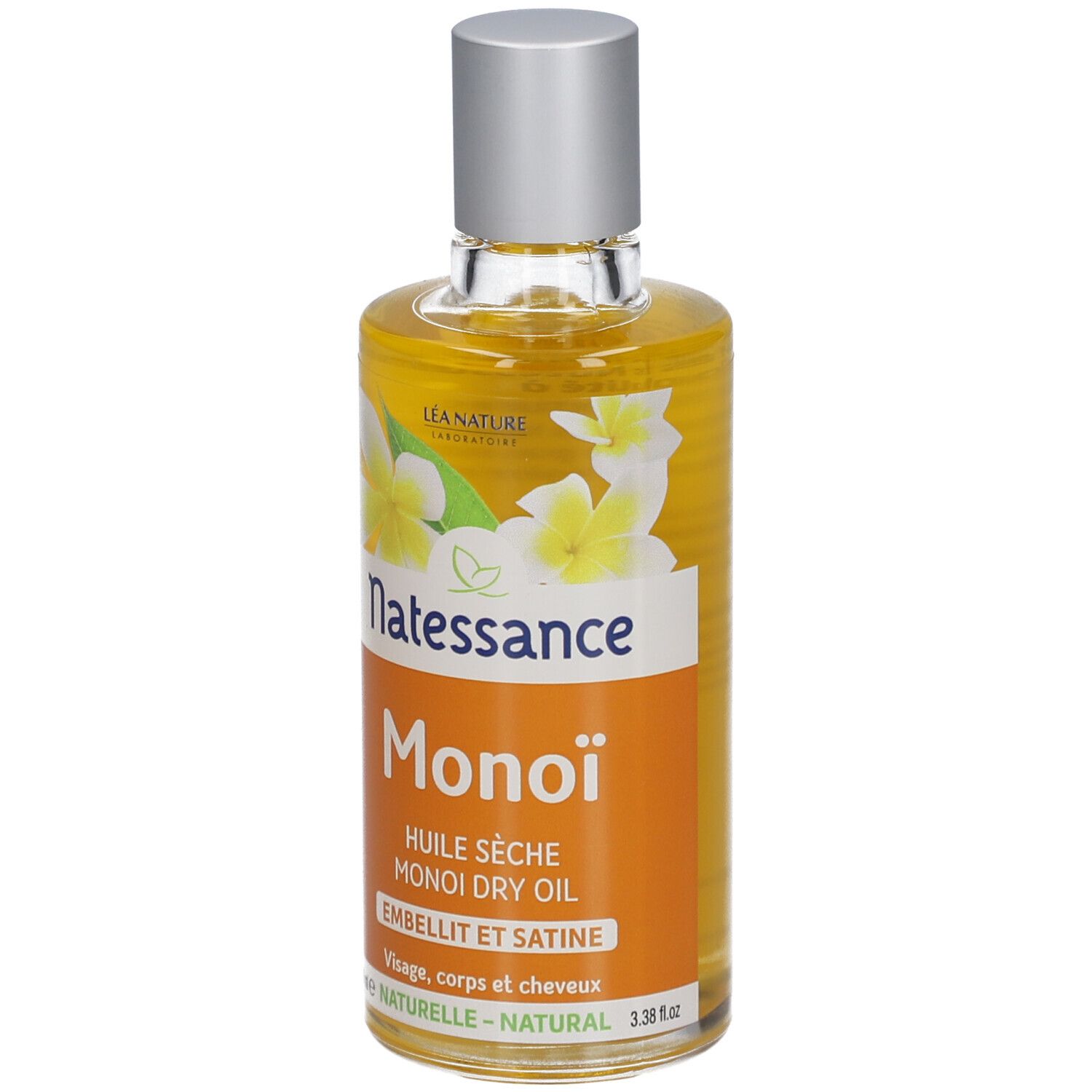 Flasche mit gelbem Öl. Aufschrift: Natessance Monoï, Huile sèche. Mit Blüten-Dekor.