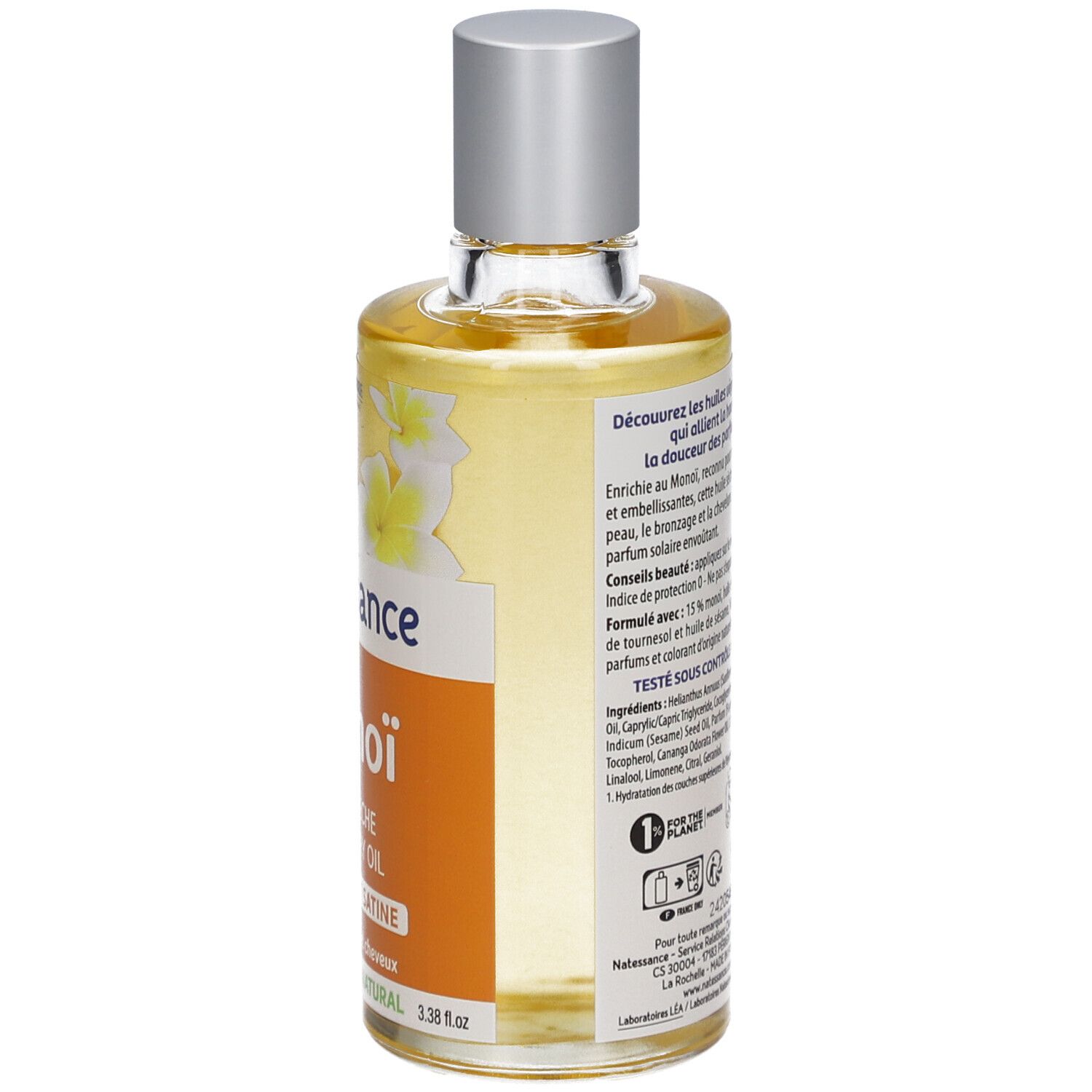 Flasche mit gelbem Öl. Aufschrift: Natessance Monoï, Huile sèche. Mit Blüten-Dekor.