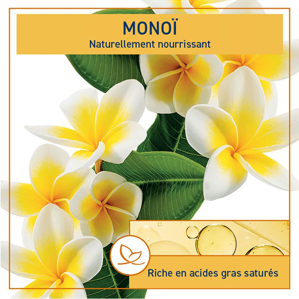 Nahaufnahme von Blüten und Öl. Text: Monoï, natürlich nährend. Reich an gesättigten Fettsäuren.