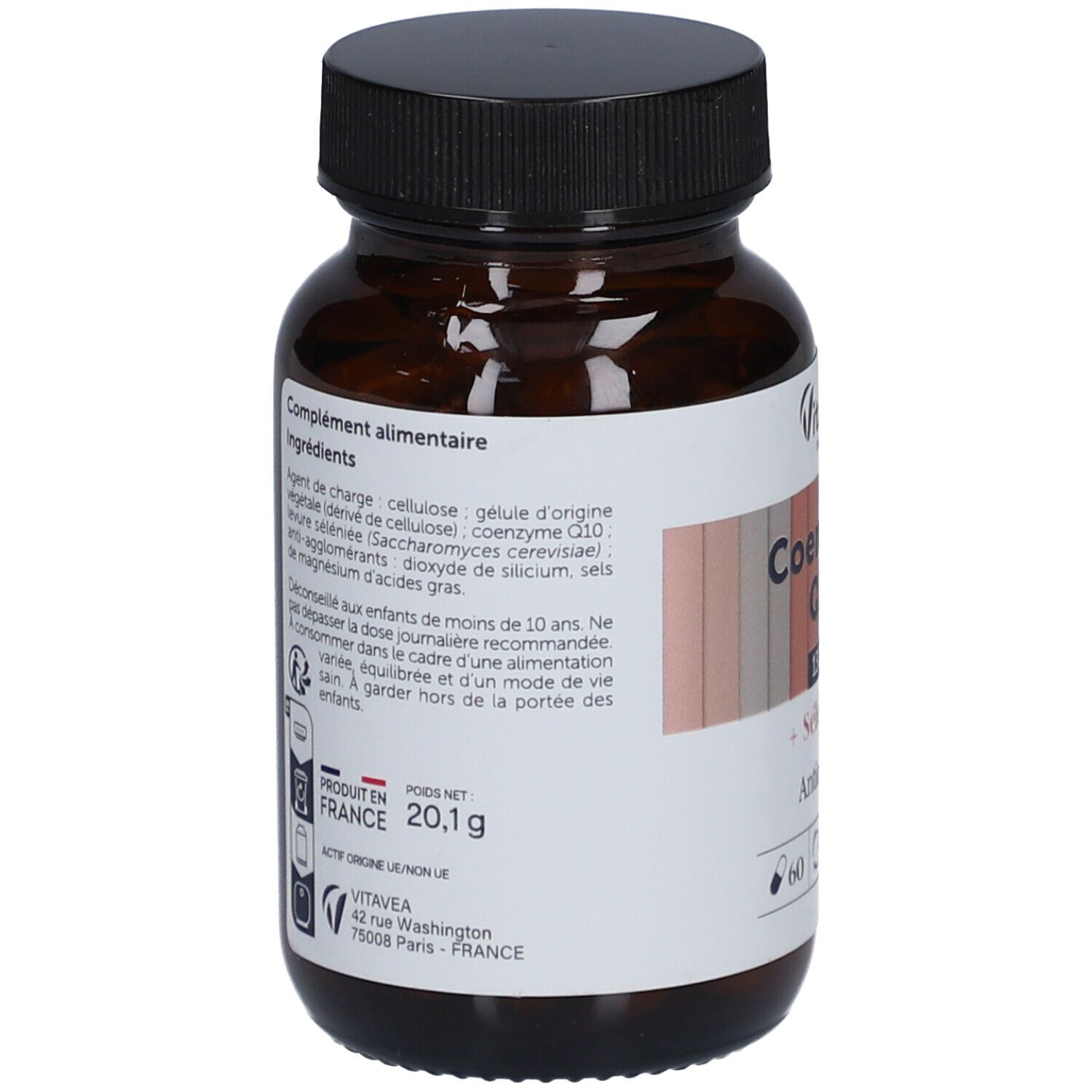 Dos du flacon en verre brun, bouchon noir. Étiquette avec ingrédients, origine France et poids 20,1g.