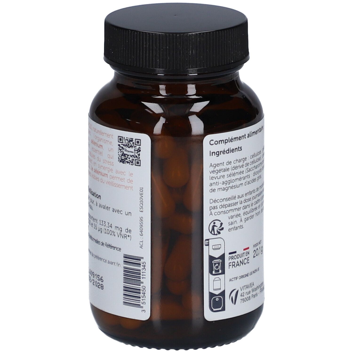 Vue arrière du flacon en verre brun, bouchon noir. Étiquette avec ingrédients et code QR. Origine France.