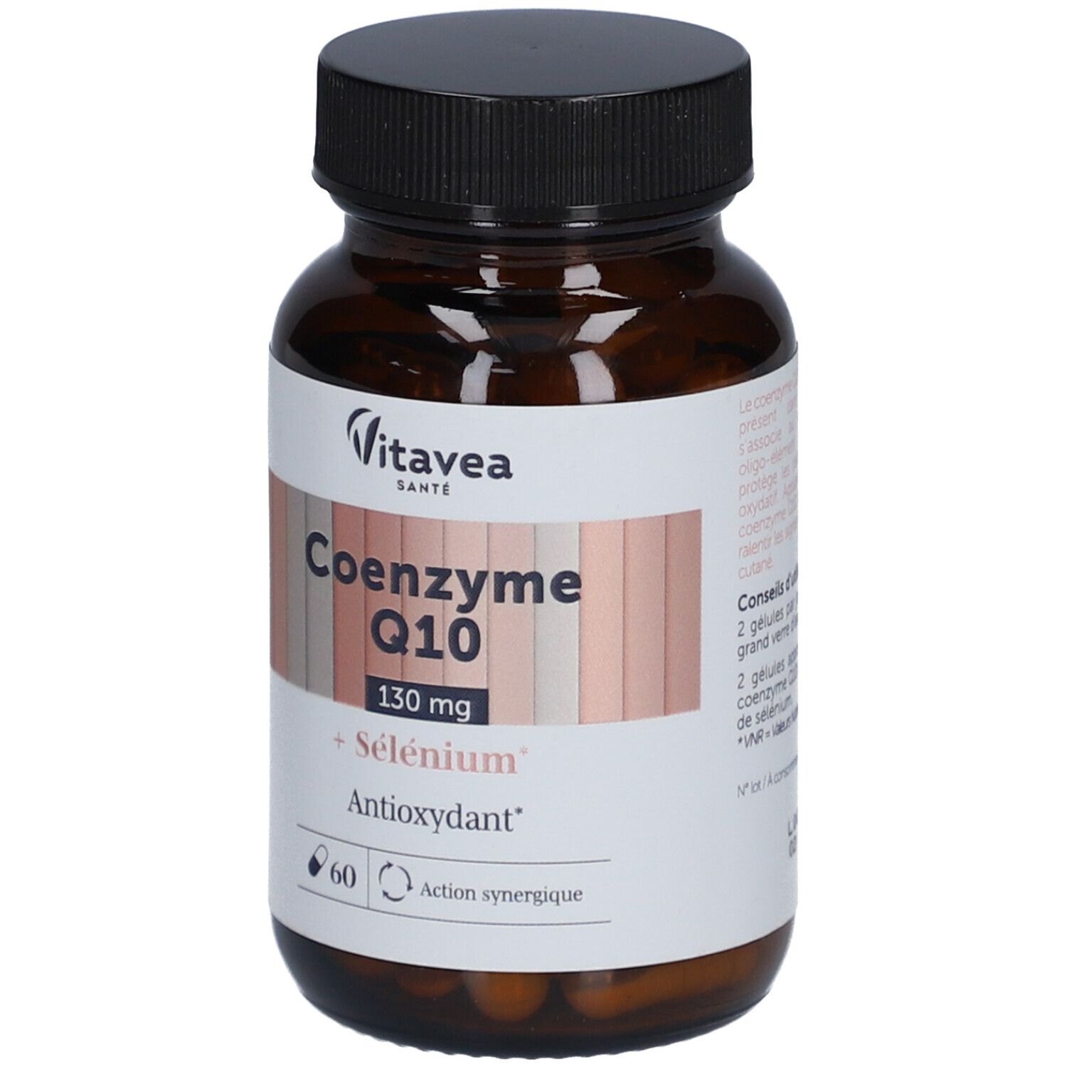 Flacon en verre brun, bouchon noir. Étiquette avec nom du produit, ingrédients et marque Vitavea Santé. Contient 60 gélules.