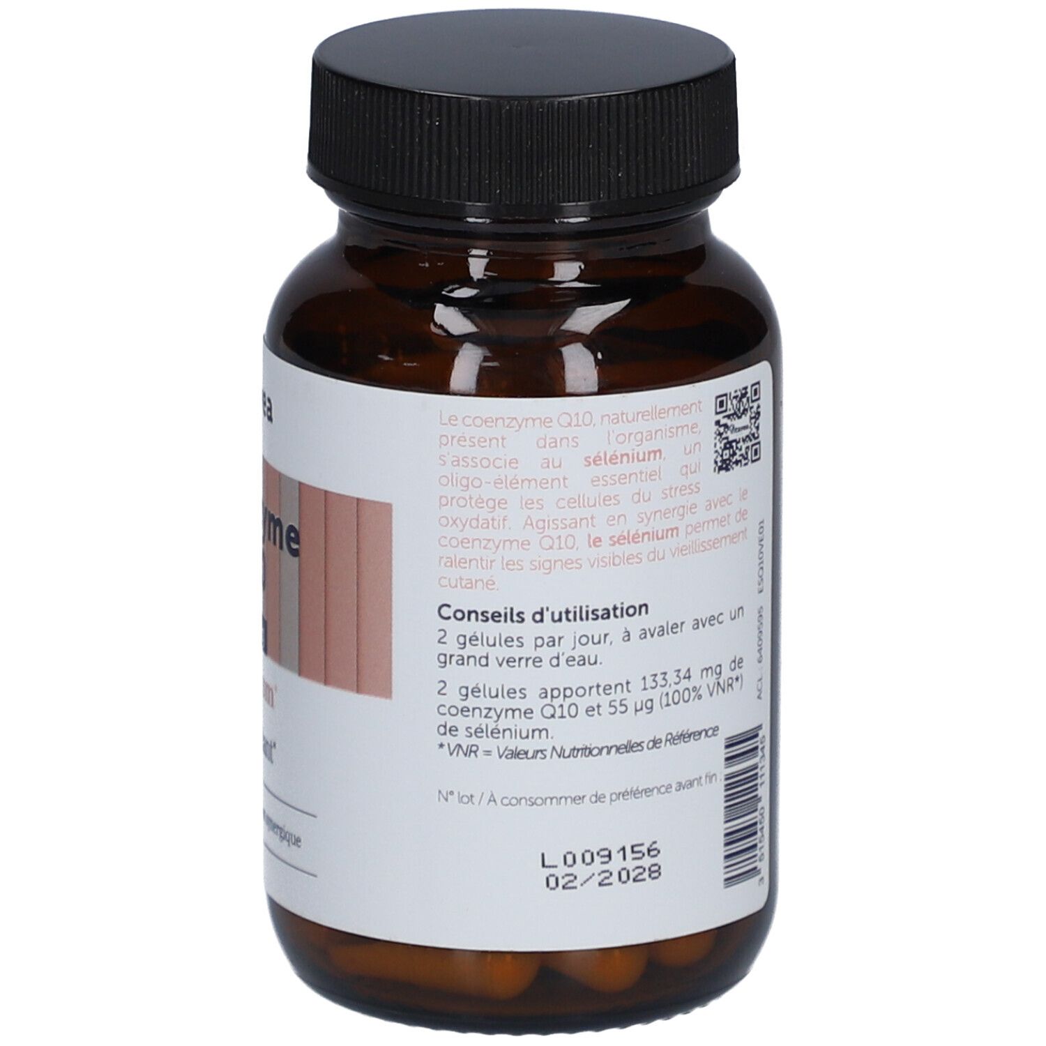 Dos du flacon en verre brun, bouchon noir. Étiquette avec ingrédients, conseils d'utilisation et code QR.
