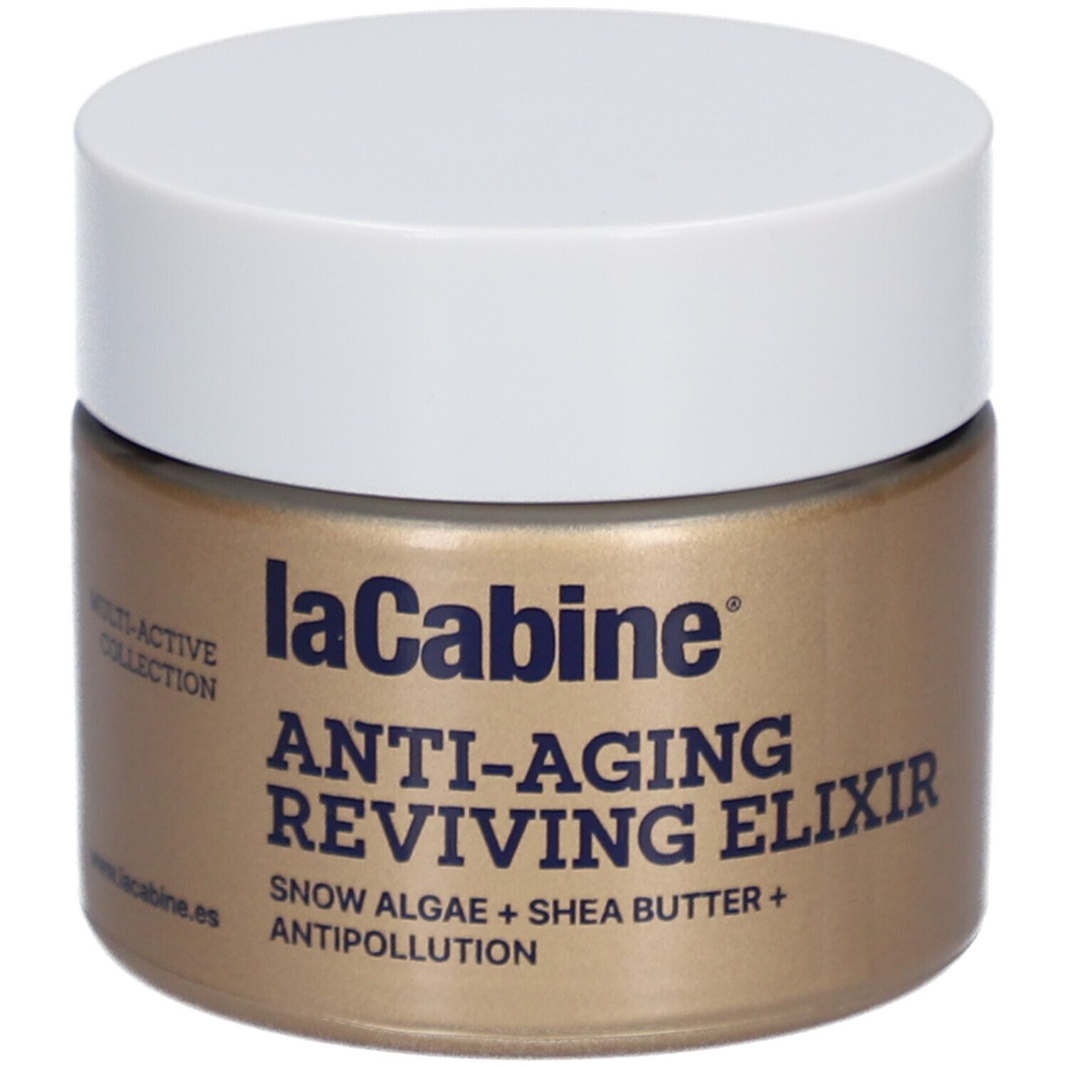 Goldfarbener Tiegel mit weißem Deckel. Aufschrift: laCabine Anti-Aging Reviving Elixir. Enthält Schneealgen und Sheabutter.