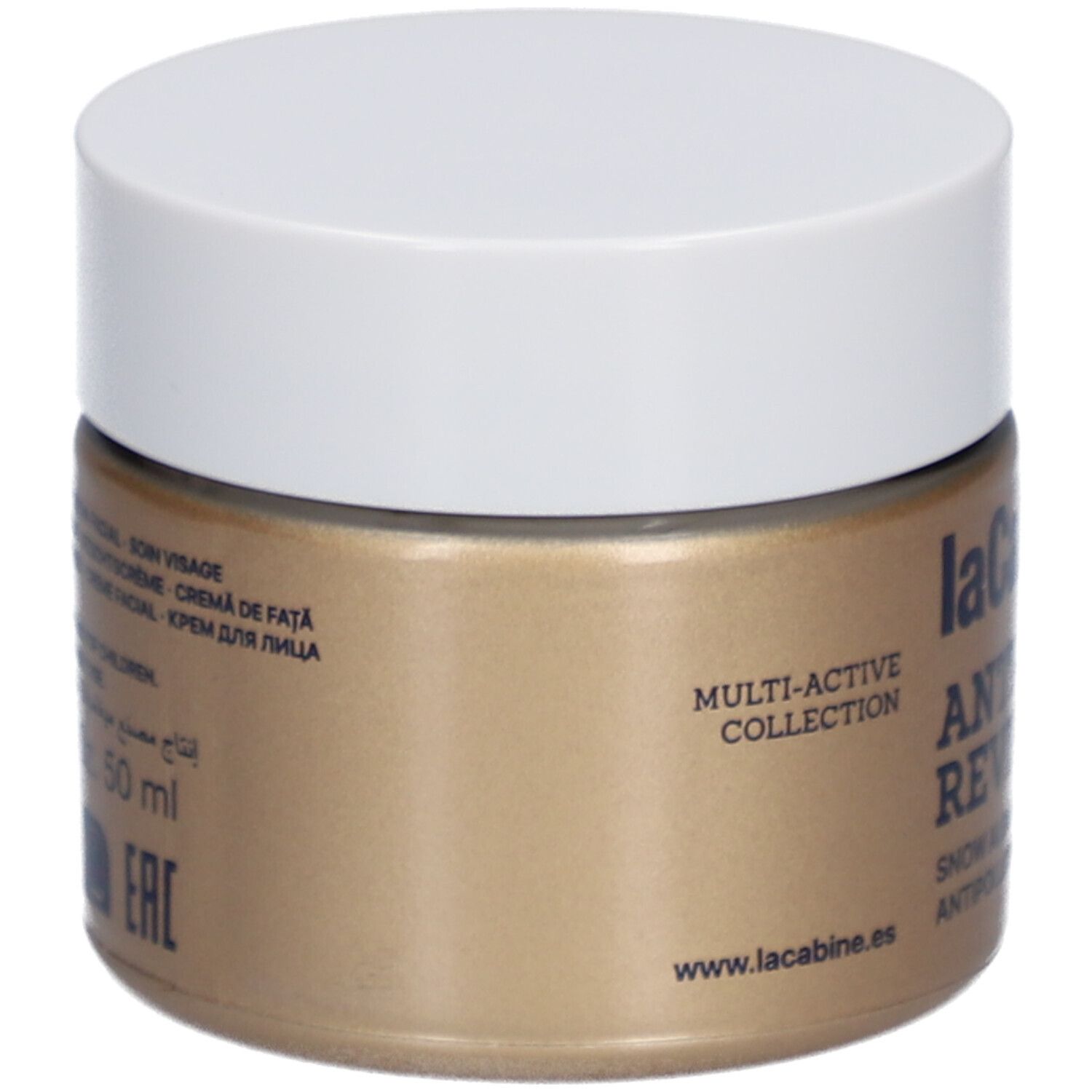 Goldfarbener Tiegel mit weißem Deckel. Aufschrift: laCabine Anti-Aging Reviving Elixir. Enthält Schneealgen und Sheabutter. Seitenansicht.