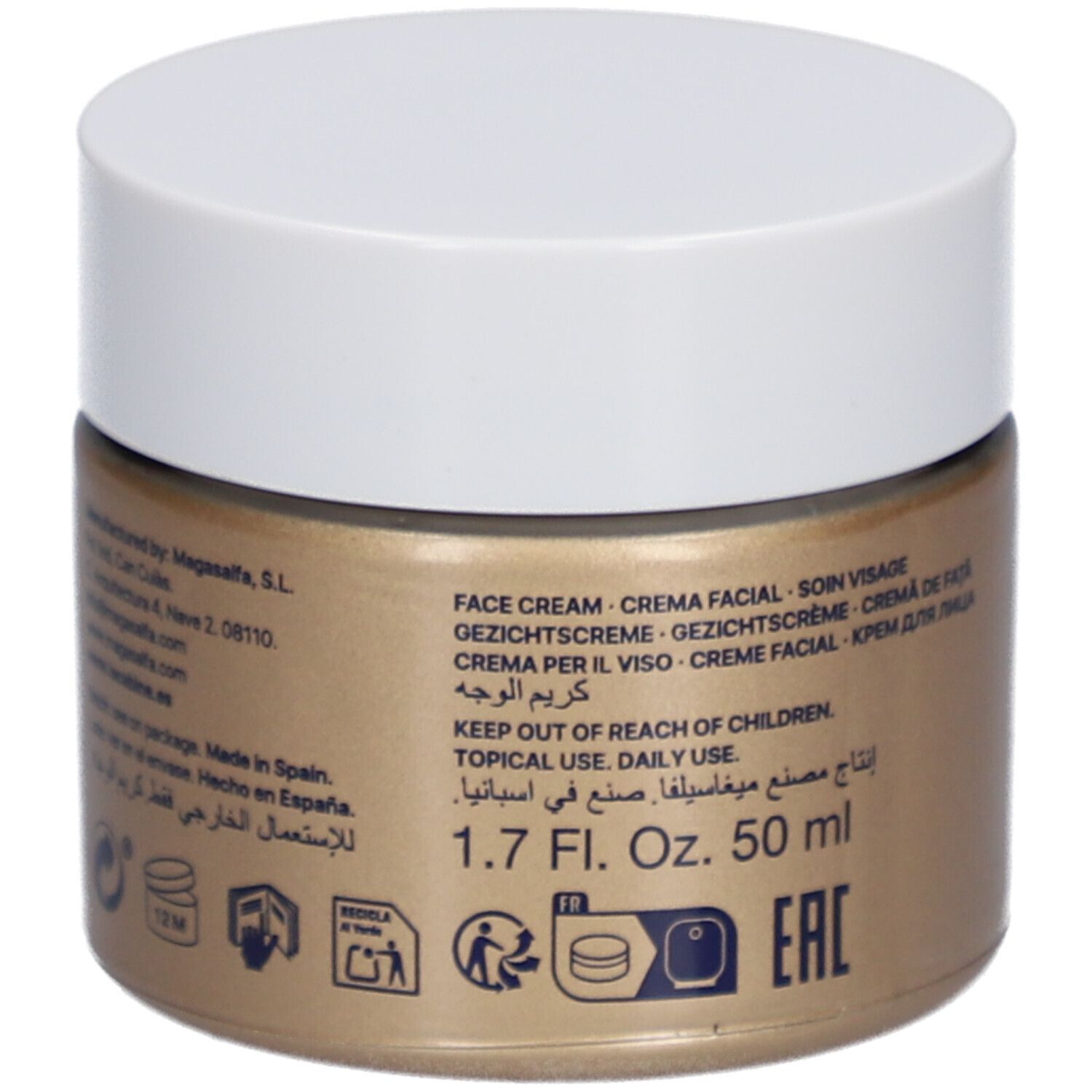 Goldfarbener Tiegel mit weißem Deckel. Aufschrift: laCabine Anti-Aging Reviving Elixir. Enthält Schneealgen und Sheabutter. Text in mehreren Sprachen.