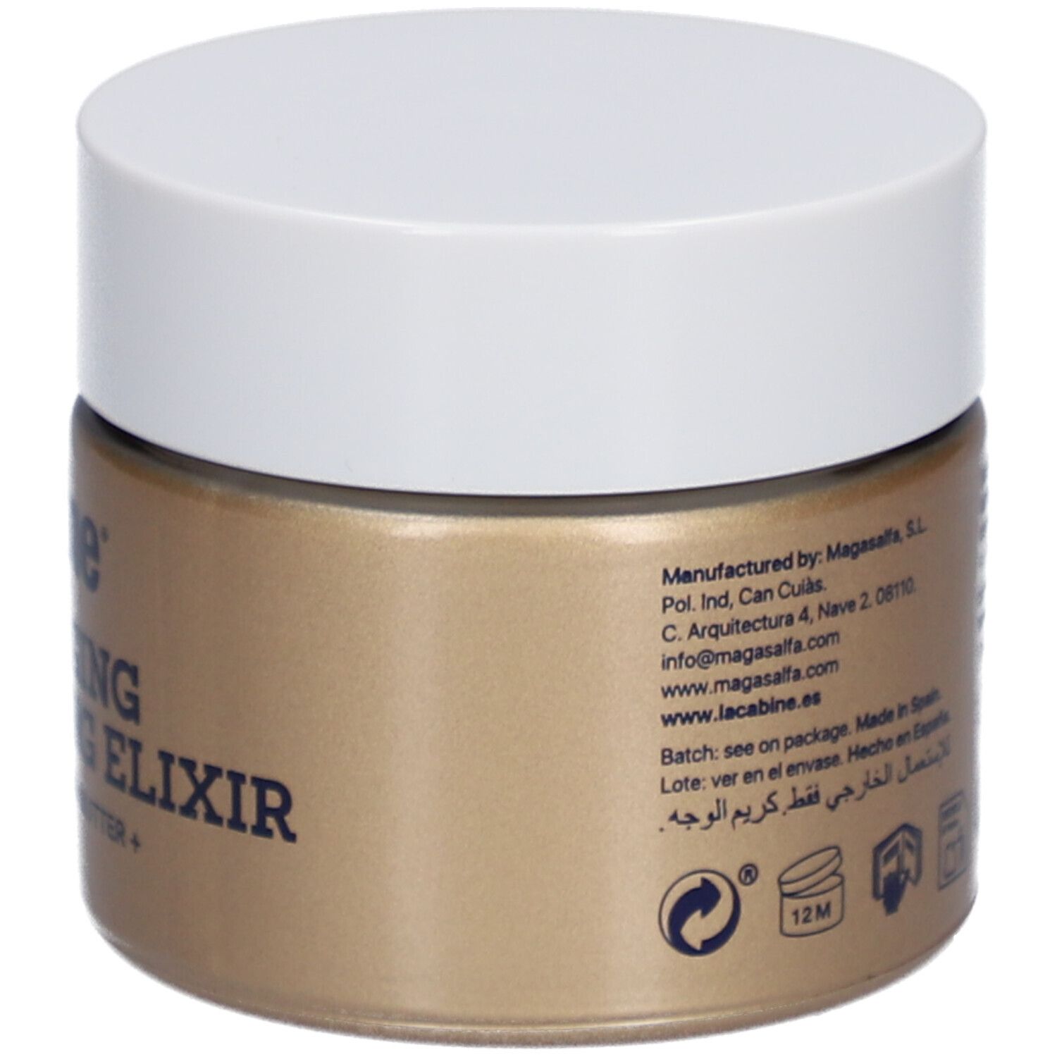 Goldfarbener Tiegel mit weißem Deckel. Aufschrift: laCabine Anti-Aging Reviving Elixir. Enthält Schneealgen und Sheabutter. Detailansicht.